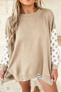 Khaki Polka Dot Patchwork Sleeve Crew Neck Loose Pullover Sweatshirt