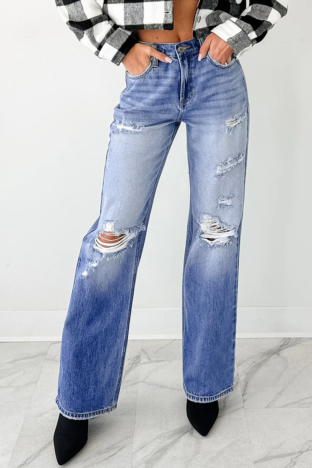 Myosotis Mid Rise Distressed Sneak Peek Straight Leg Jeans