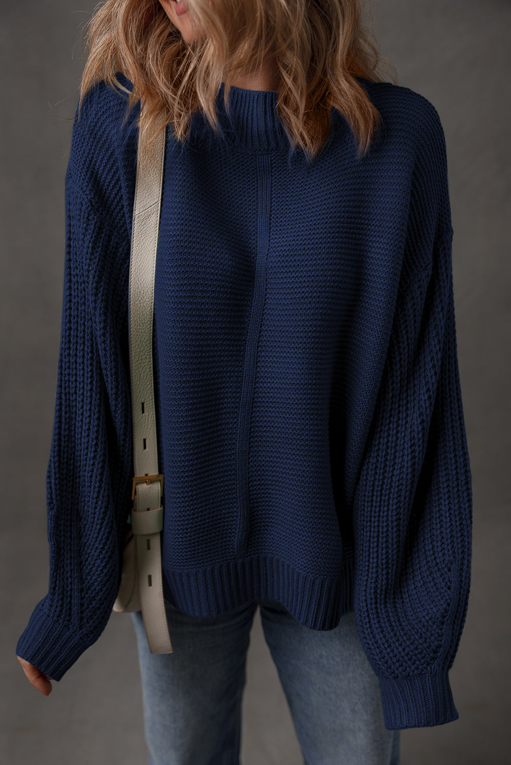 Dirty blue Solid Color Front Seam Drop Shoulder Loose Sweater
