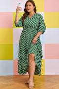 Green Plus Size Geometric Print Pocketed Ruffle Hem Casual Dress