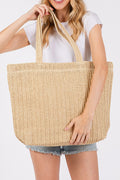 Parchment Solid Color Straw Woven Summer Beach Tote Bag