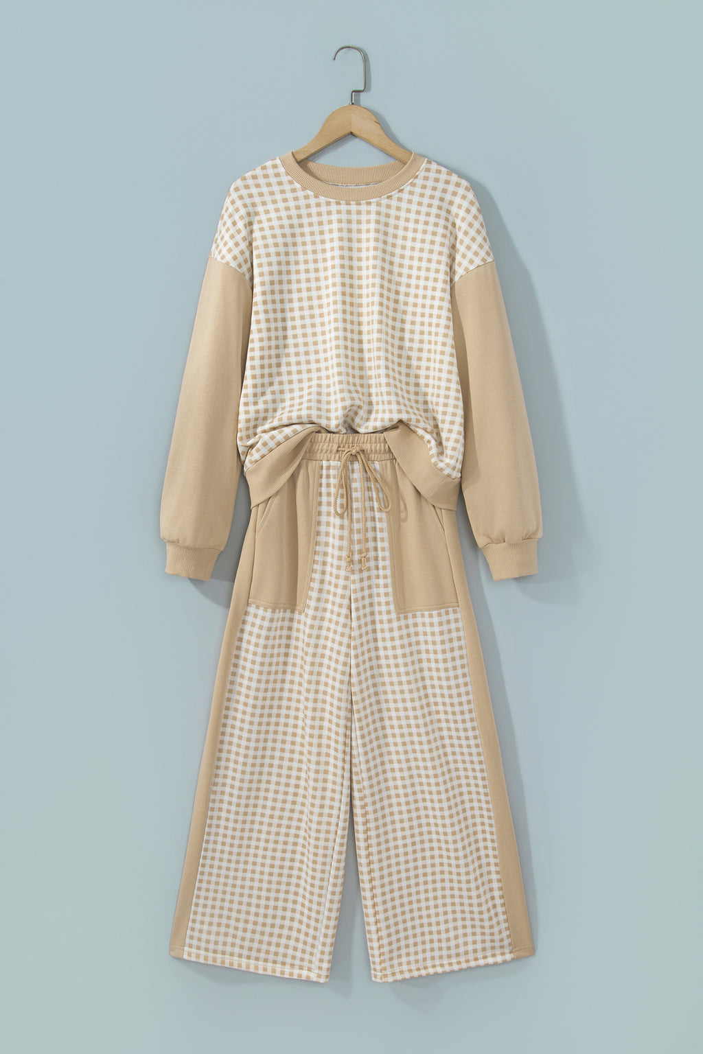 Brown Color Block Plaid Patchwork Long Sleeve Pullover Wide Leg Pant Set