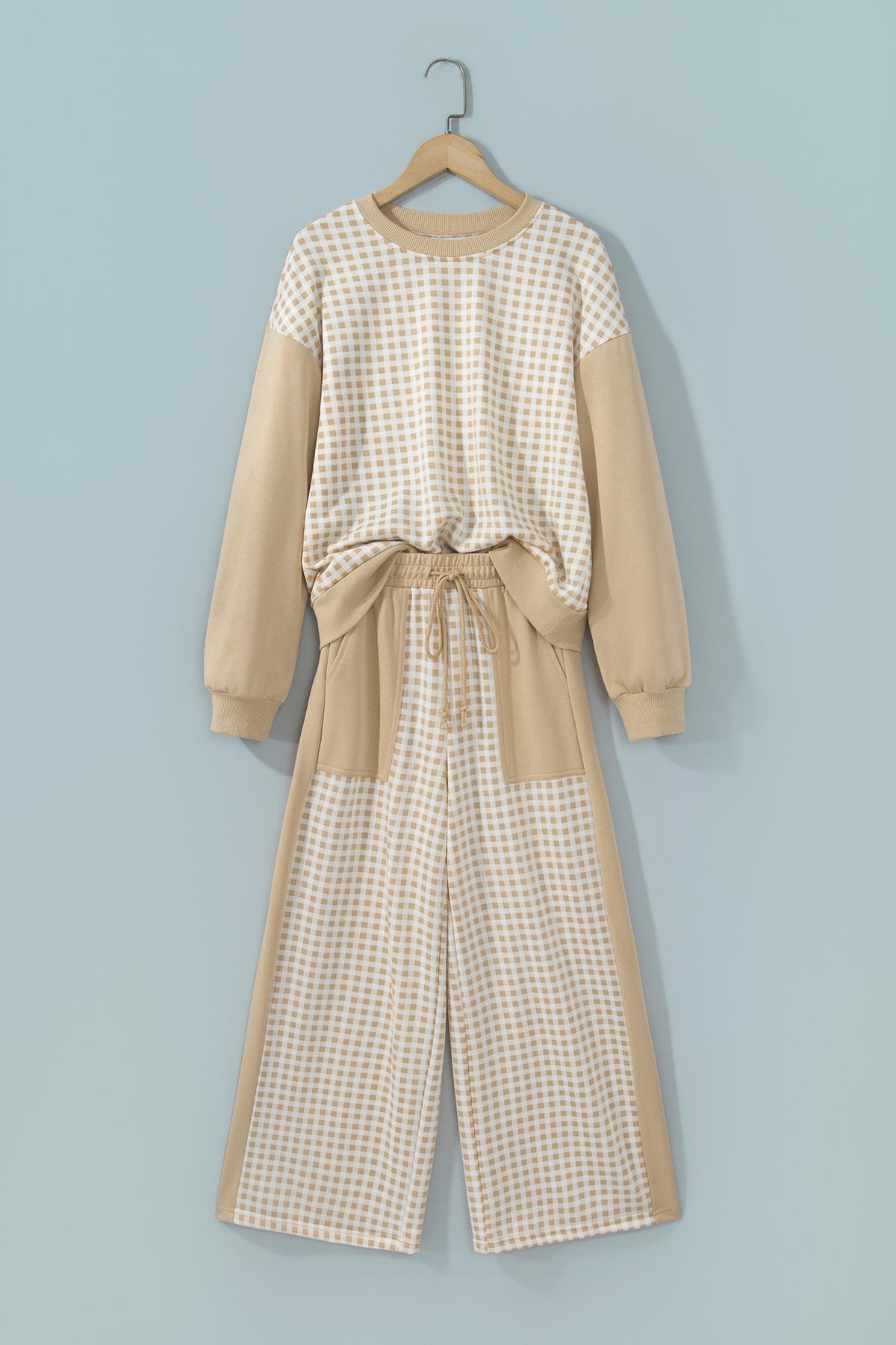 Brown Color Block Plaid Patchwork Long Sleeve Pullover Wide Leg Pant Set