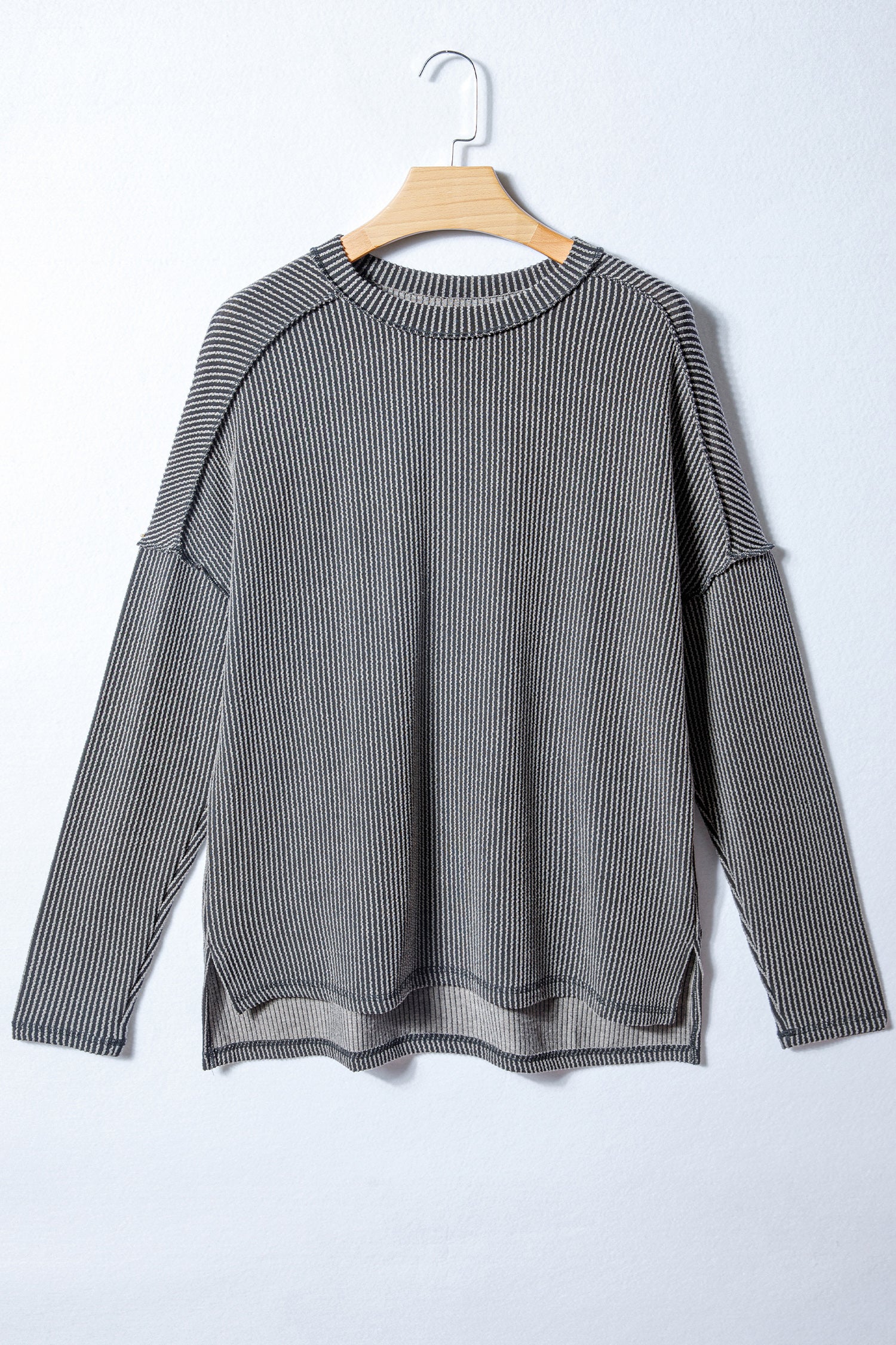 Black Twist Ribbed Exposed Seam Detail Long Sleeve Loose Top