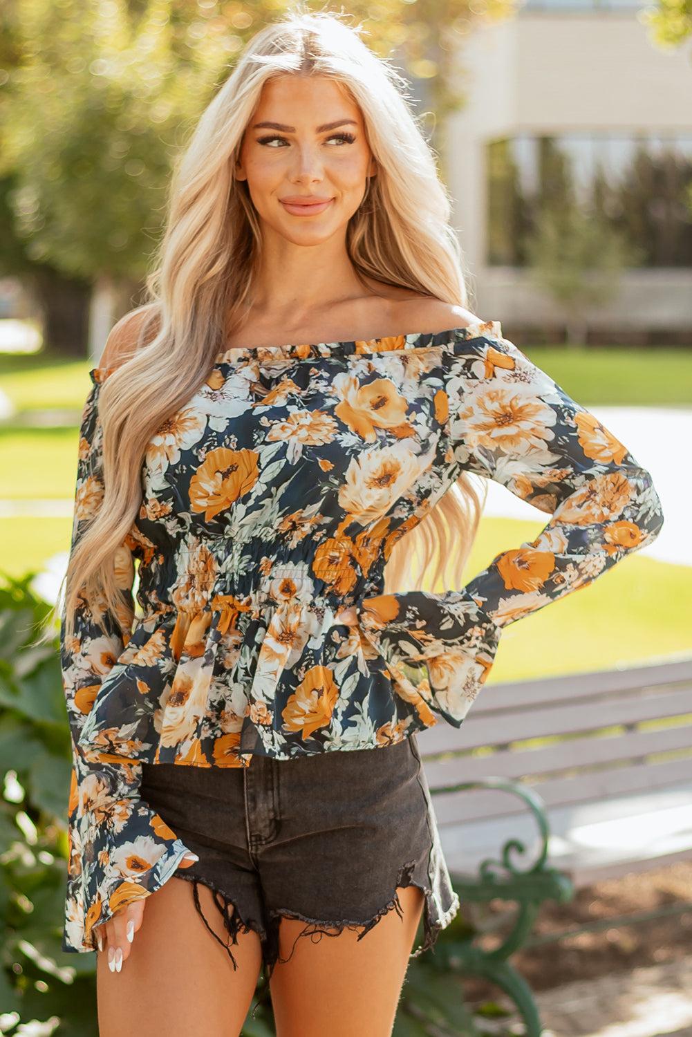 Blue Floral Off Shoulder Bell Sleeve Smocked Peplum Top