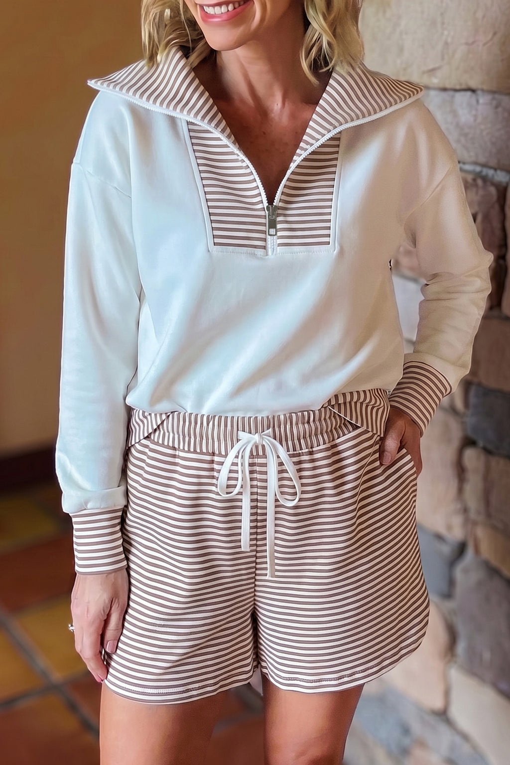 Khaki Stripe Color Block Patchwork Long Sleeve Top Drawstring Shorts Set