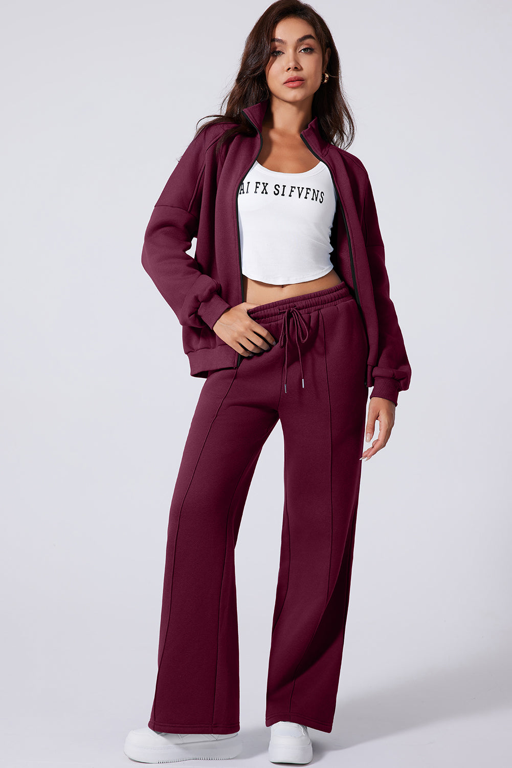 Burgundy Drop Shoulder Zip Up Jacket Drawstring Pants Active 2pcs Set