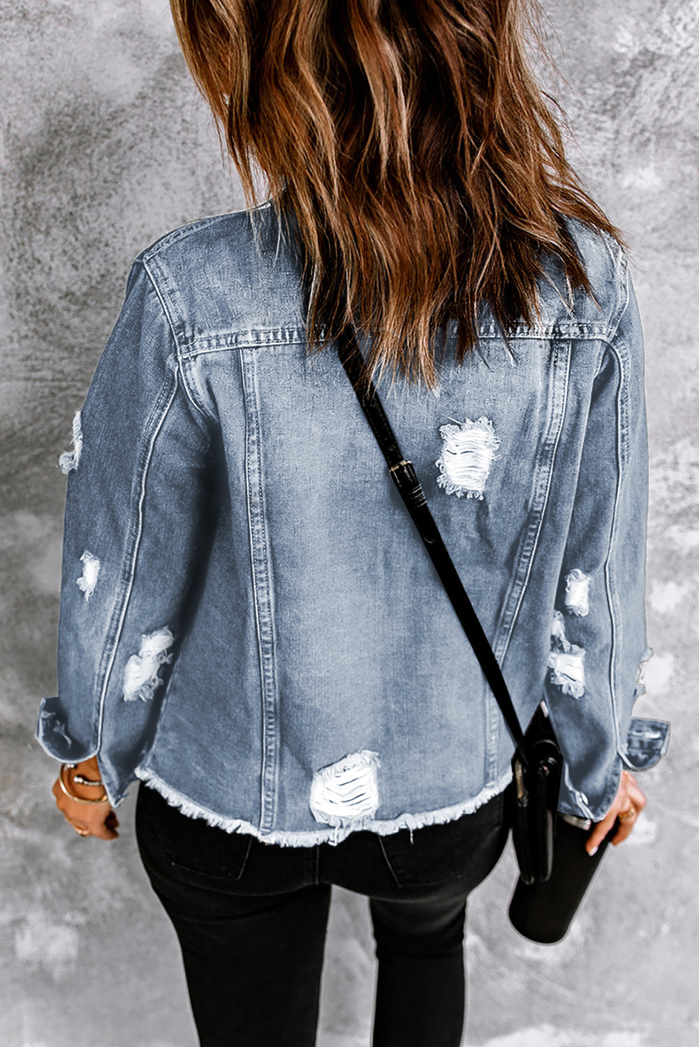 Black Lapel Distressed Raw Hem Buttons Denim Jacket