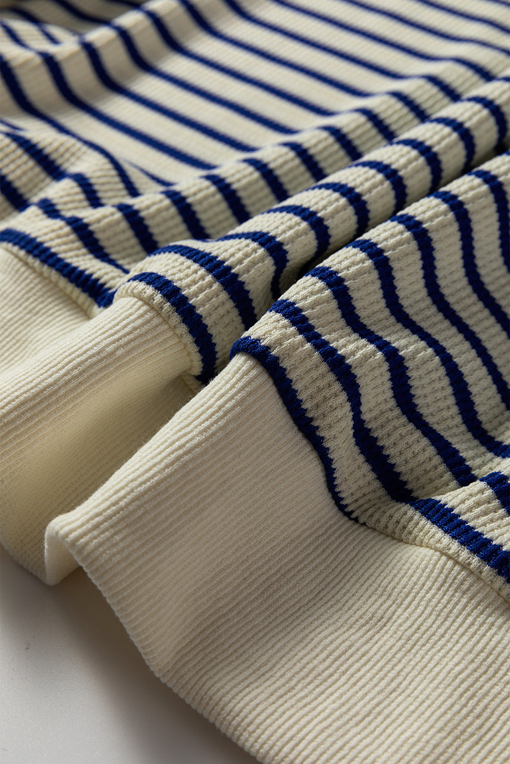 Blue Stripe Textured Elbow Patched Crew Neck Drop Shoulder Sweatshirt