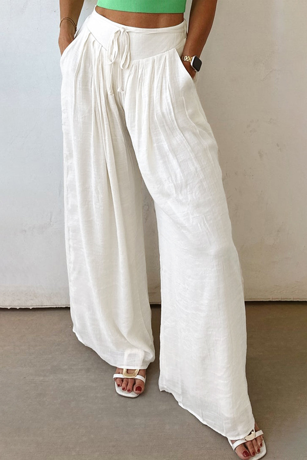 White Solid Drop Waist Pleated Wide Leg Casual Pants