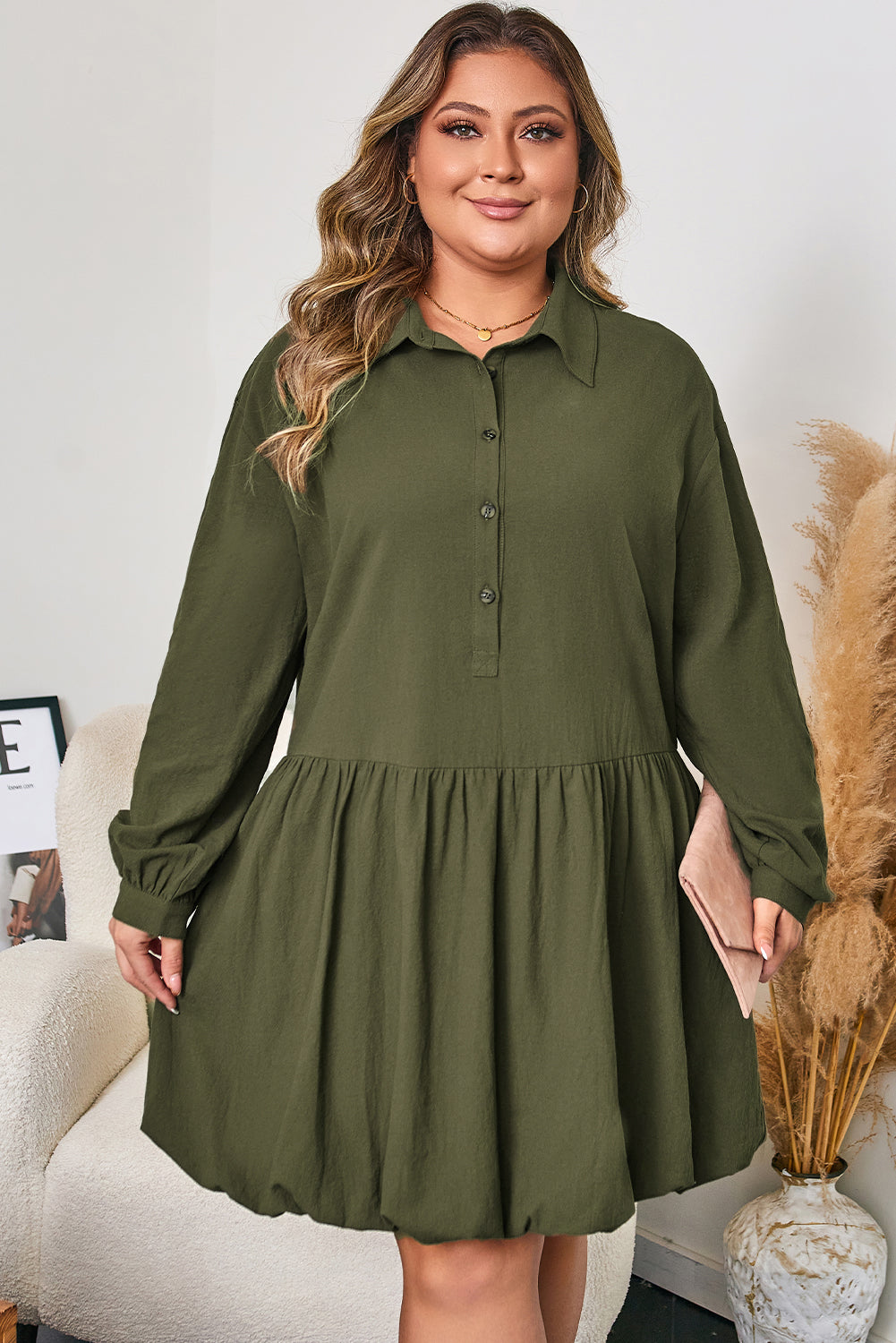 Four Leaf Clover Plus Size Collar Half Button Long Sleeve Ruffle Hem Mini Dress
