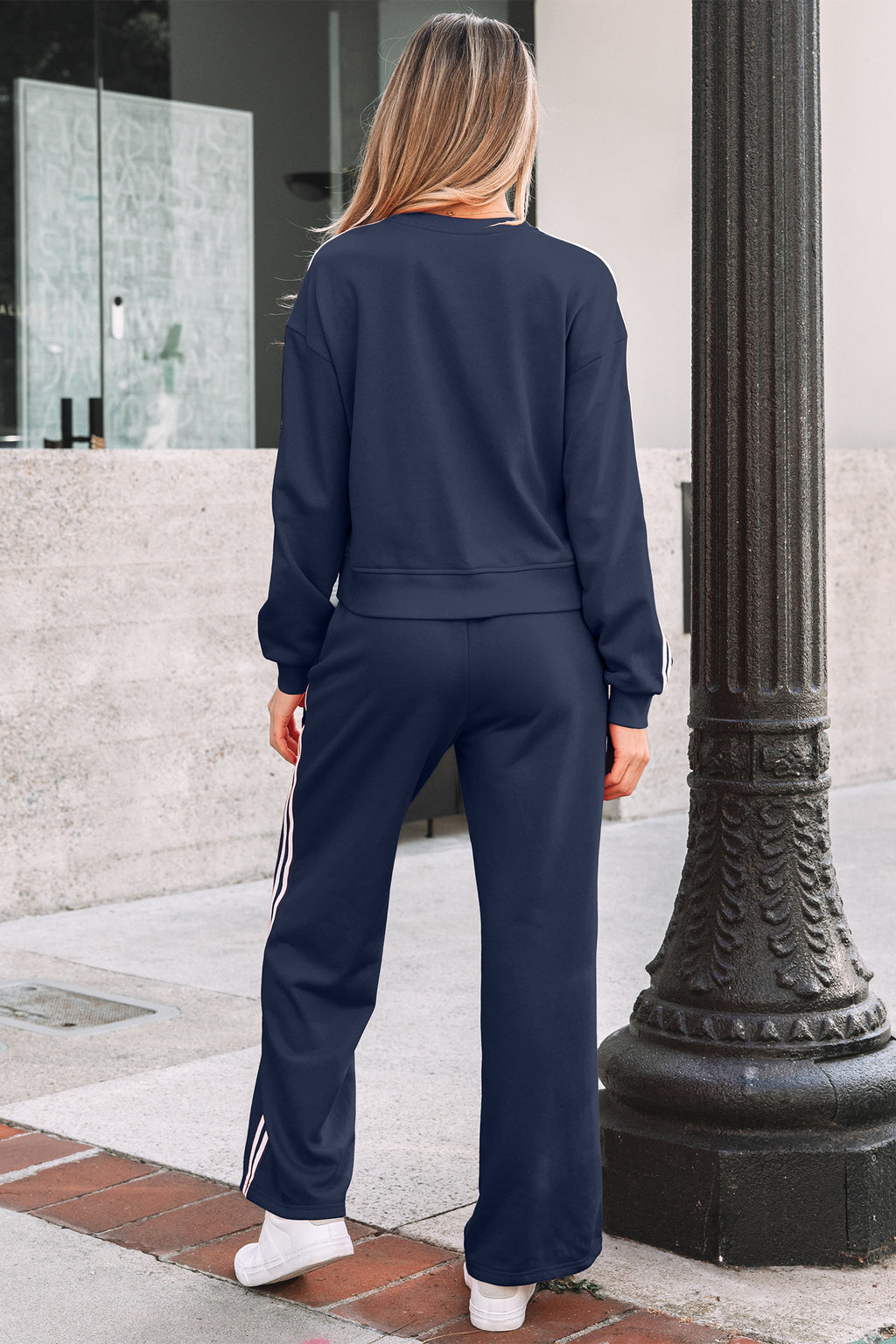 Oatmeal Varsity Striped Detail Crewneck Pullover Elastic Sweatpants 2pcs Outfit
