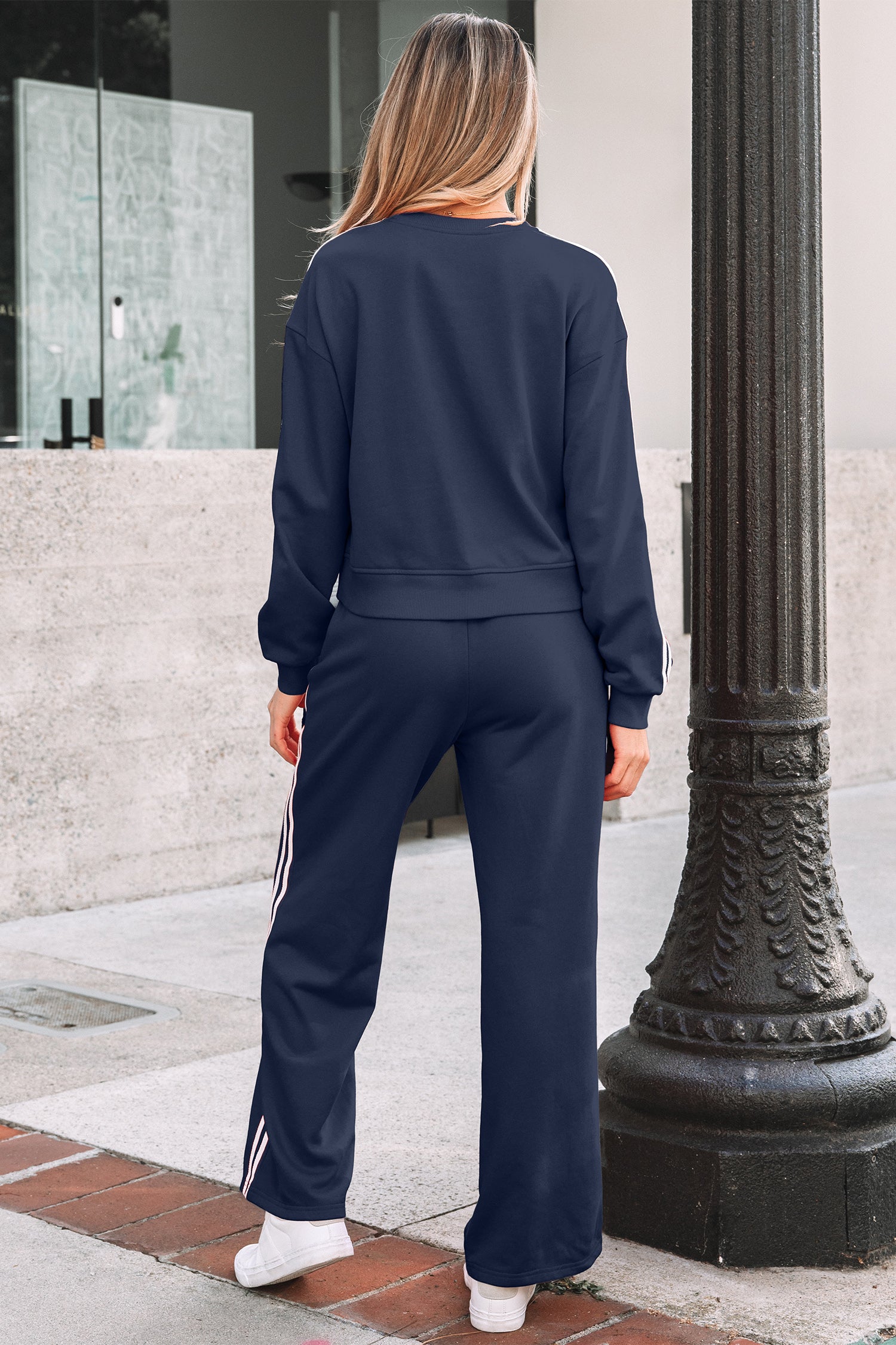 Oatmeal Varsity Striped Detail Crewneck Pullover Elastic Sweatpants 2pcs Outfit