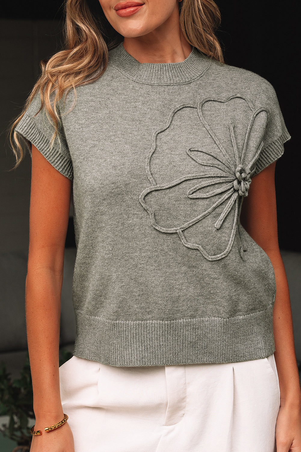 High Flower Pattern Ribbed Trim Short Sleeve Boxy Sweater