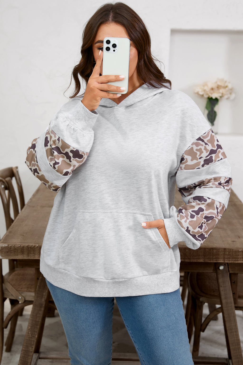 Light Grey Camouflage Patchwork Asymmetric Sleeve Plus Size Hoodie