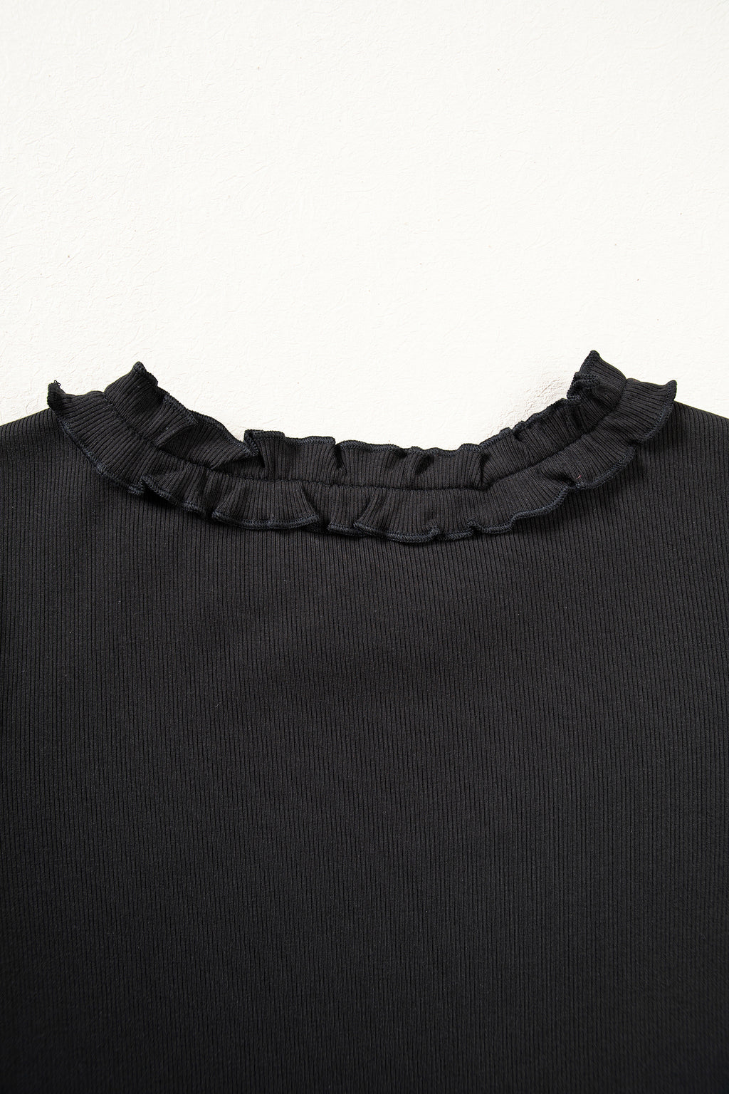Black Solid Color Round Neck Frill Detail Long Sleeve Top
