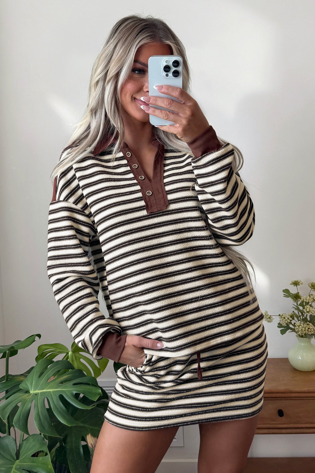 Brown Stripe Contrast Trim Button Neck Long Sleeve Top Drawstring Mini Skort Set