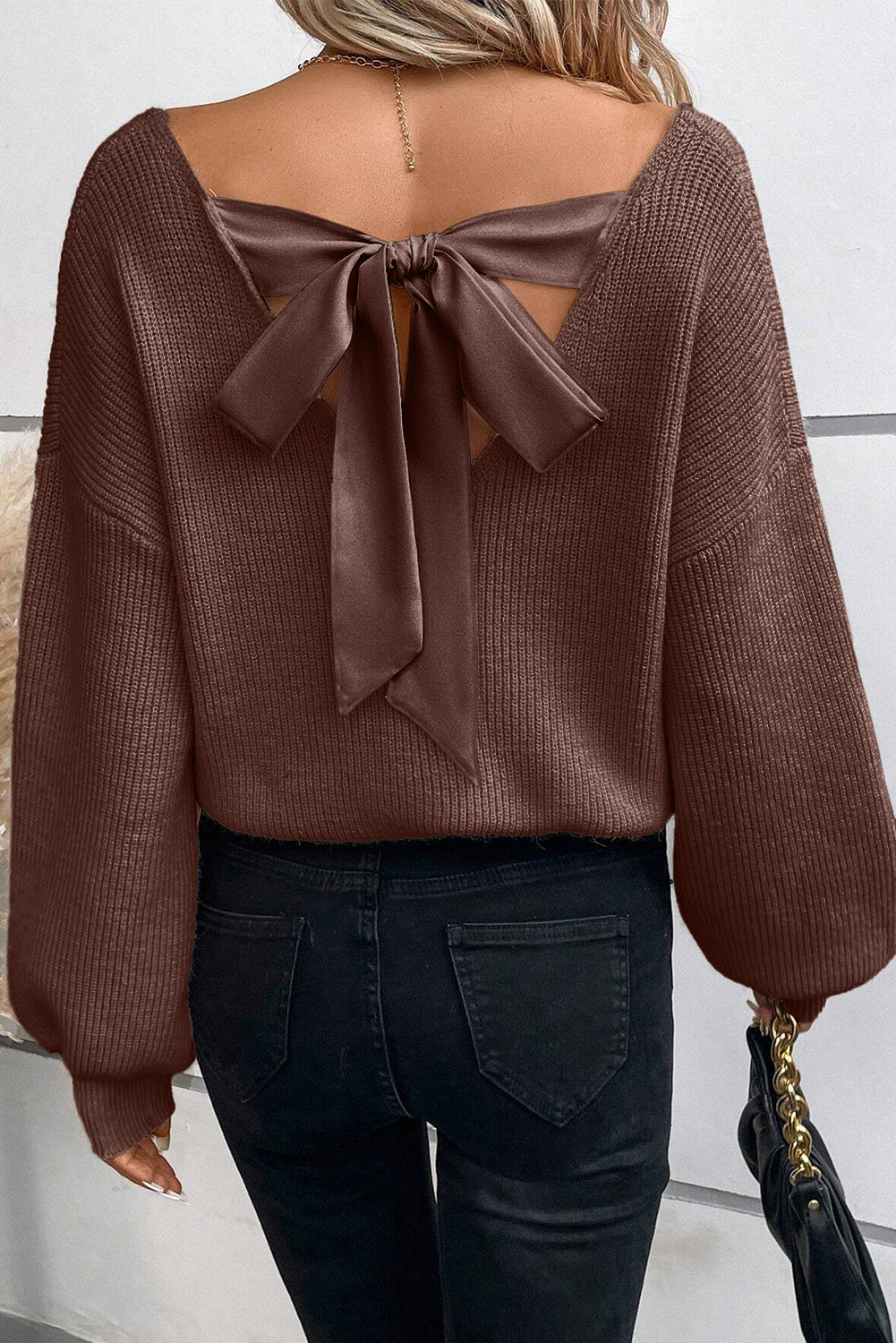 Black Lantern Sleeve V Neck Knot Back Sweater