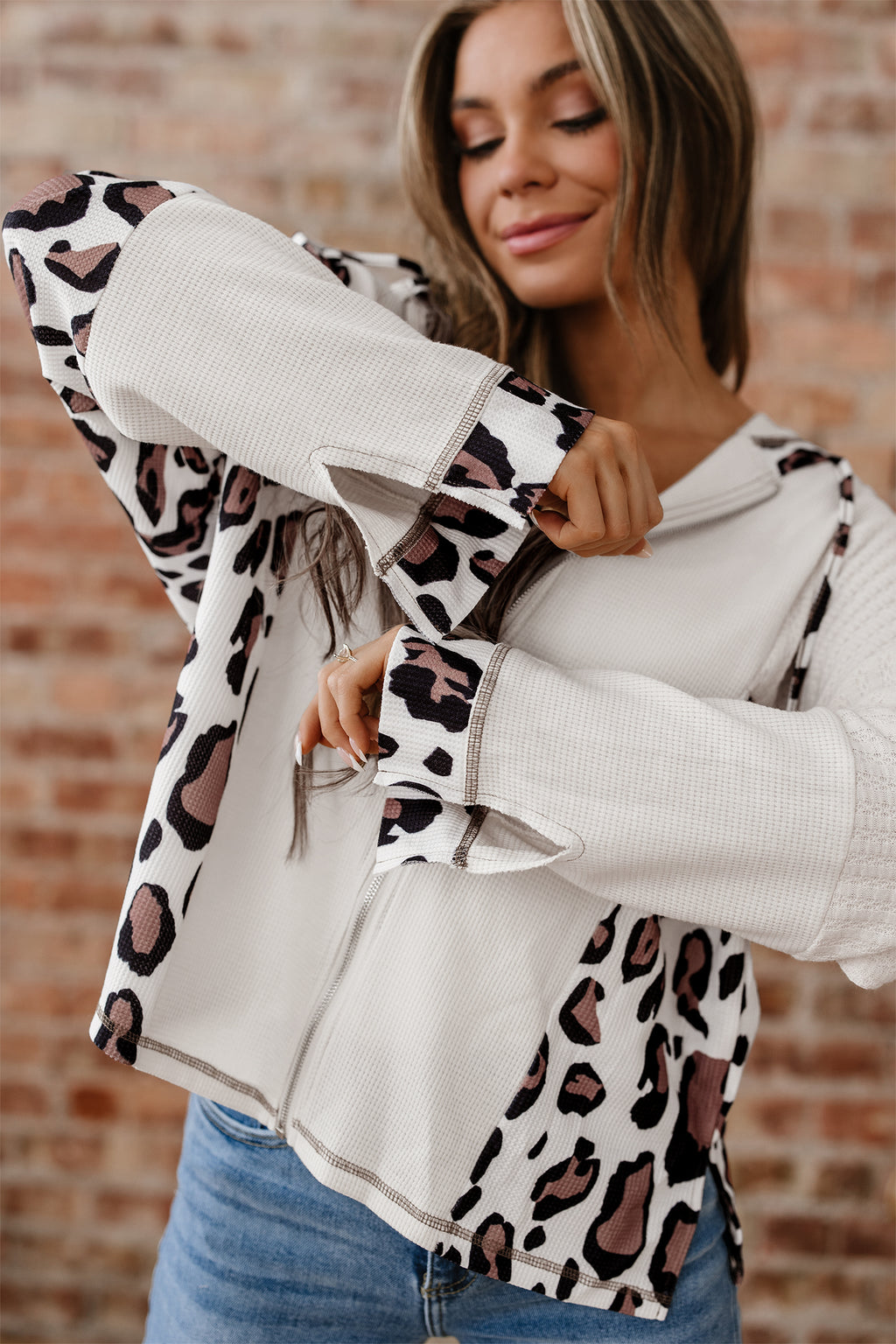 Apricot Oversized Leopard Contrast Mixed Texture Patchwork Zip Up Drop Shoulder Hoodie