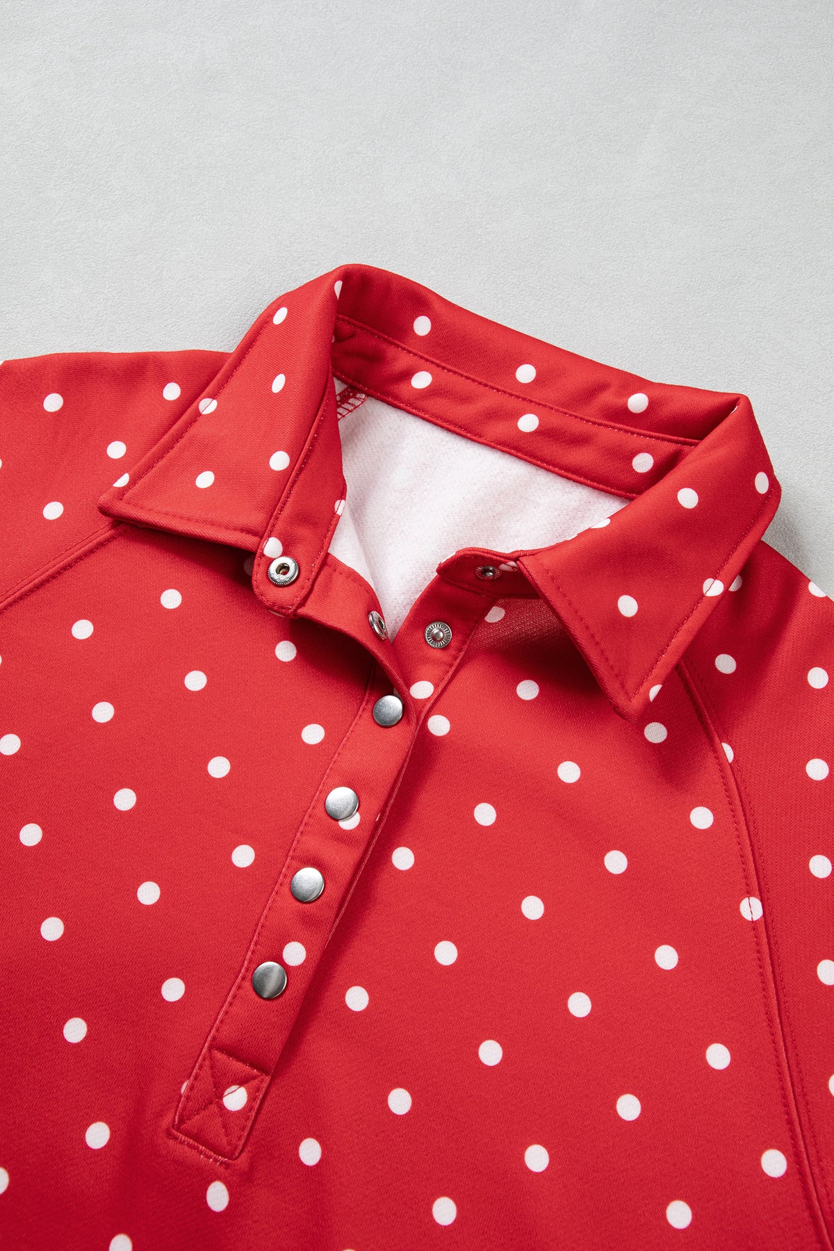 Pink Polka Dot Print Metal Button Collar Casual Pullover Sweatshirt