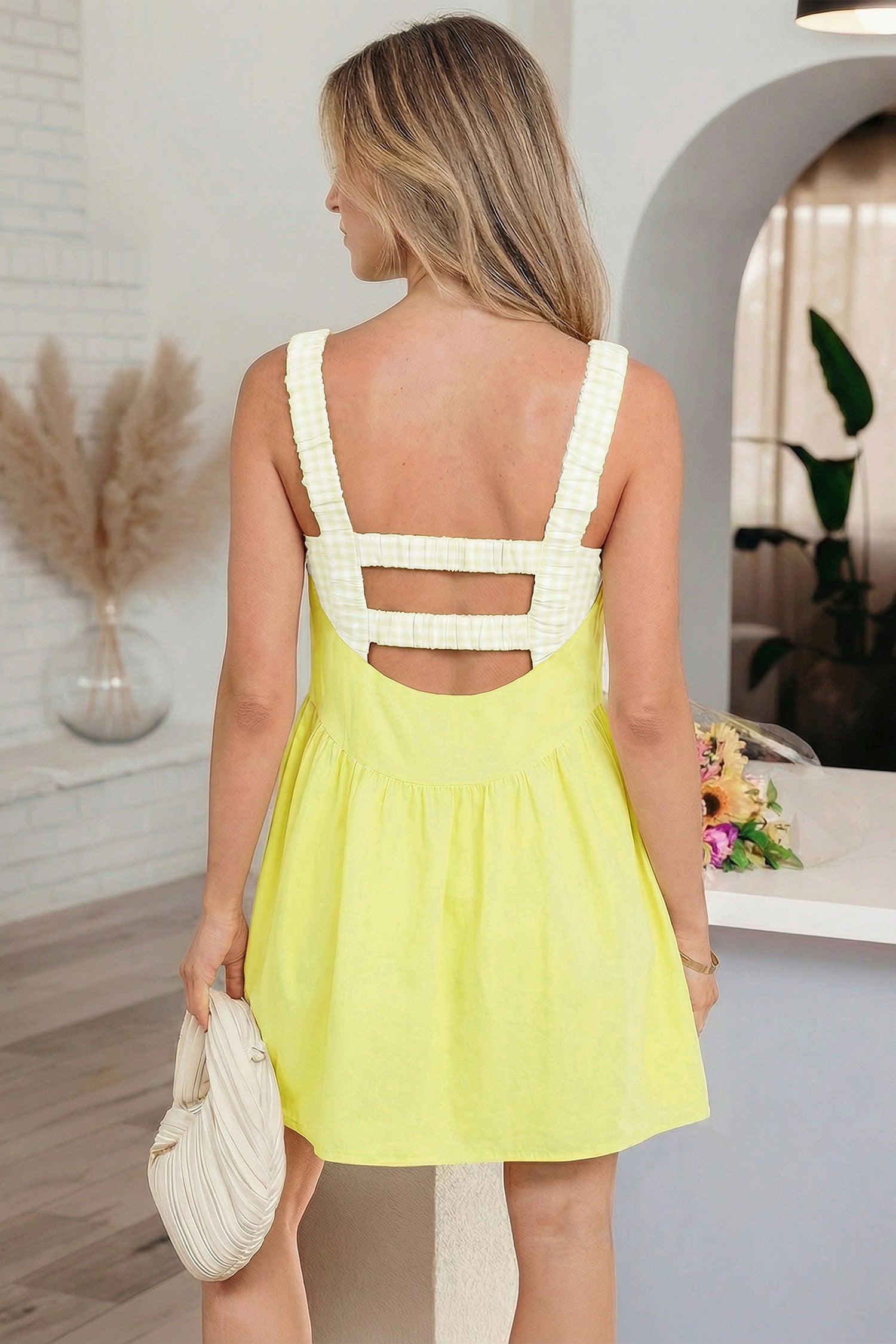 White Faux Two Piece Gingham Contrast Patchwork Loose Mini Dress