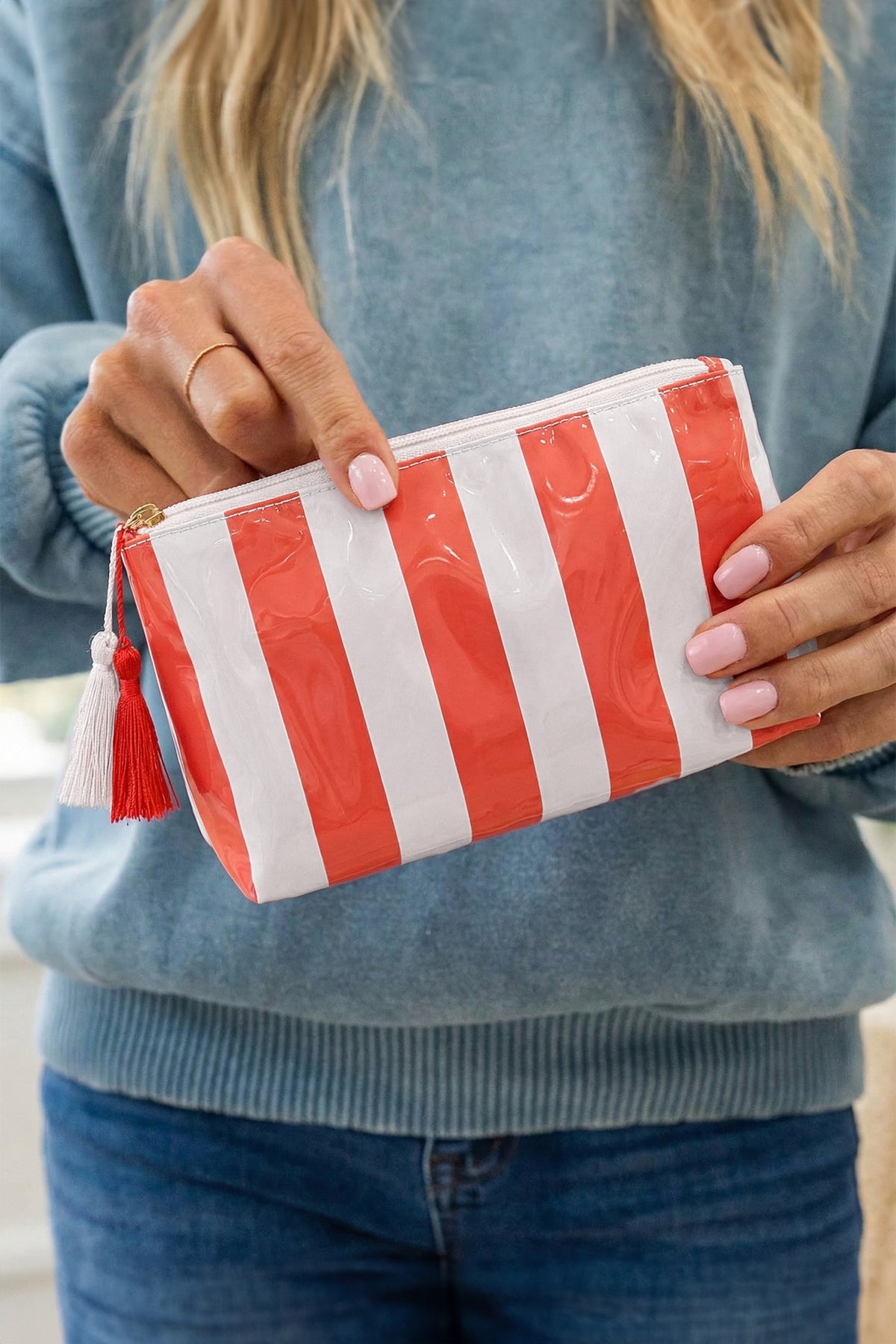 Navy Blue Striped Vinyl Waterproof Tassel Zipper Makeup Bag