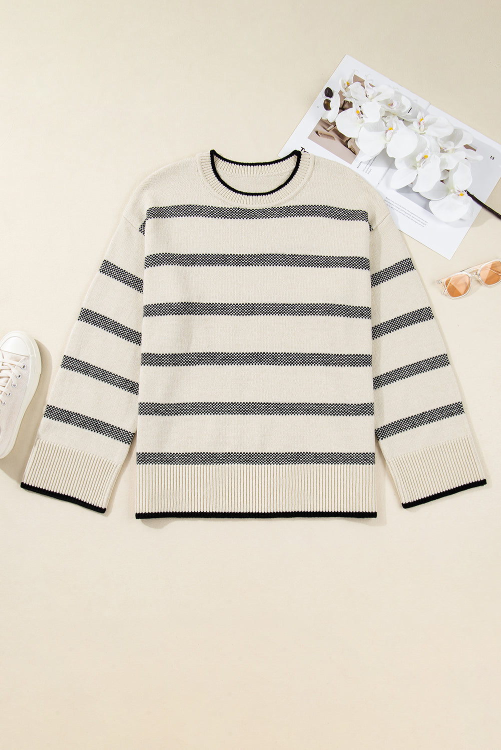 Apricot Stripe Wide Sleeve Drop Shoulder Crew Neck Plus Sweater