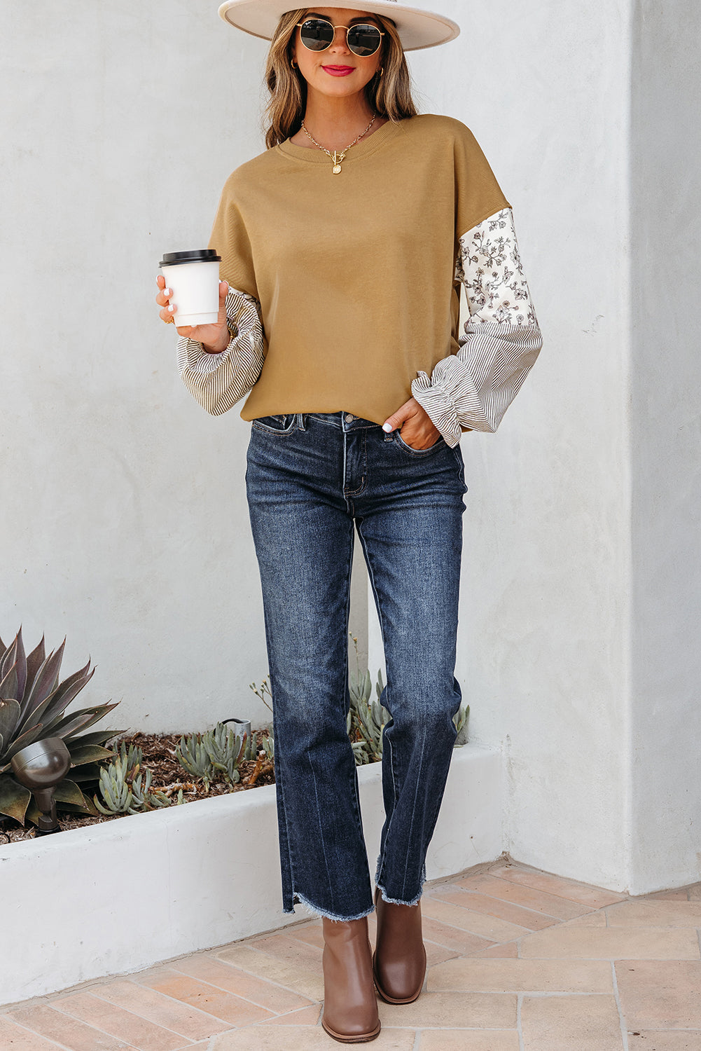 Camel Floral Striped Patchwork Ruffled Sleeve Crew Neck Sweatshirt