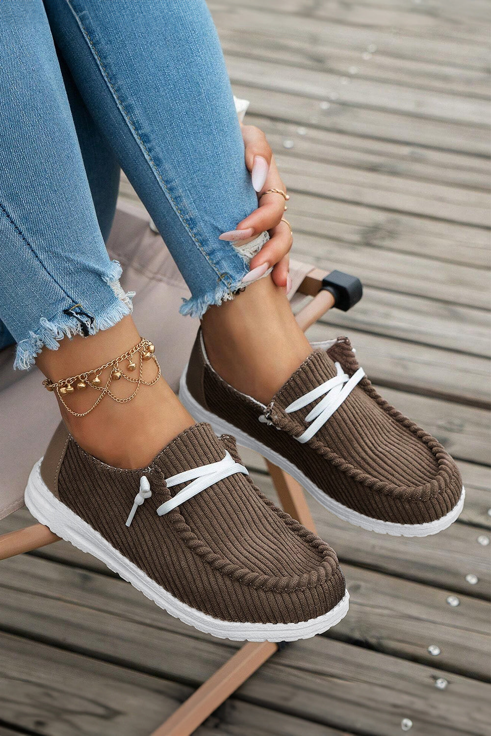Coffee Solid Ribbed Criss Cross Slip On Casual Shoes