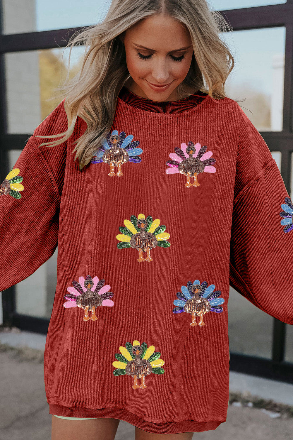 Racing Red Turkey Graphic Corded Baggy Sweatshirt
