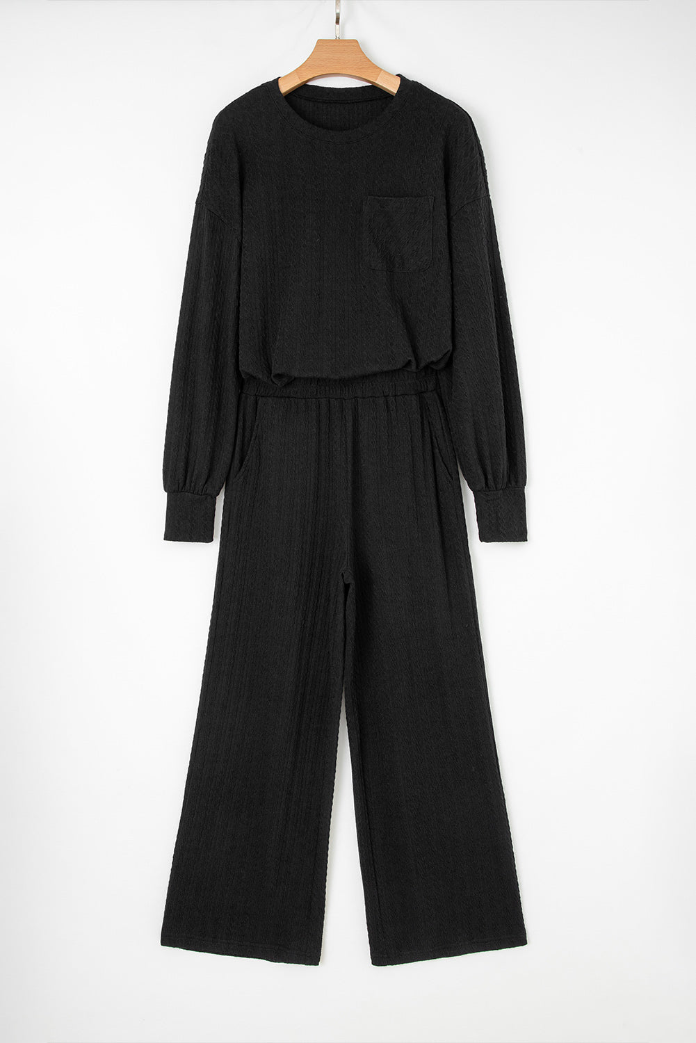Black Textured Chest Pocket Long Sleeve Top 2Pcs Pants Set