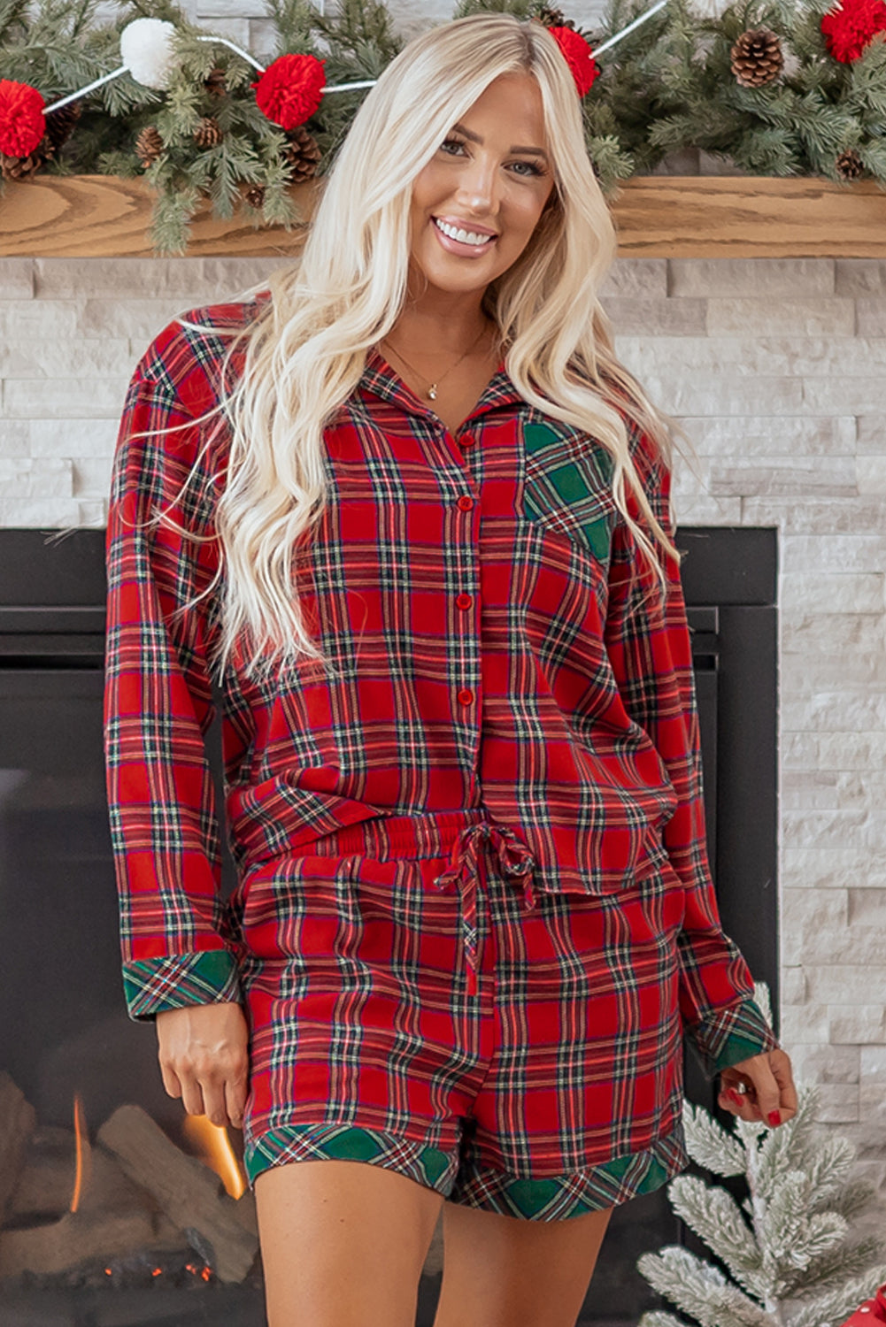 Dearlovers Red Plaid Contrast Patched Christmas Holiday Long Sleeve Shirt and Short 2pcs Pajama Set