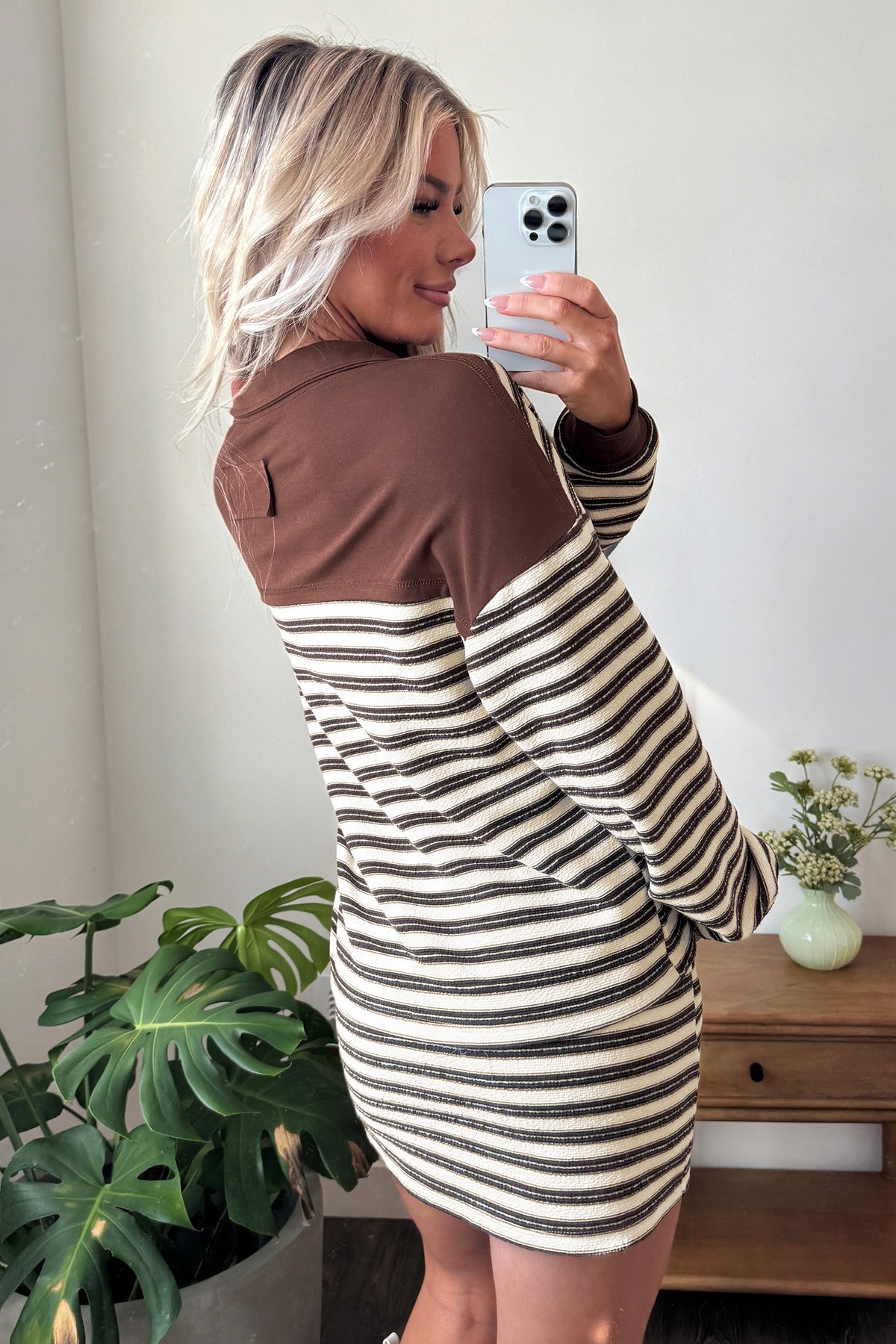 Brown Stripe Contrast Trim Button Neck Long Sleeve Top Drawstring Mini Skort Set
