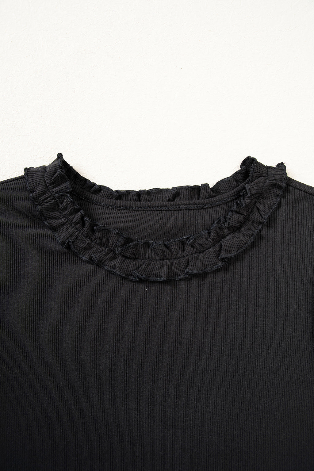 Black Solid Color Round Neck Frill Detail Long Sleeve Top
