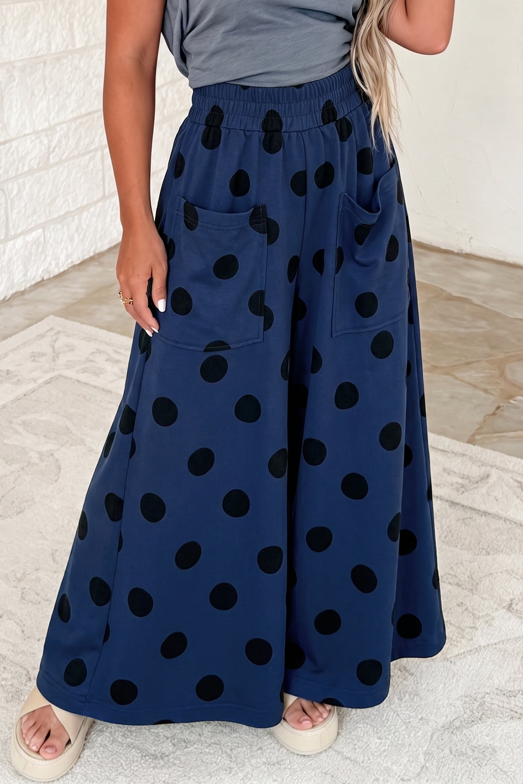 Burgundy Polka Dot Wide Leg Elastic Waist Casual Pants