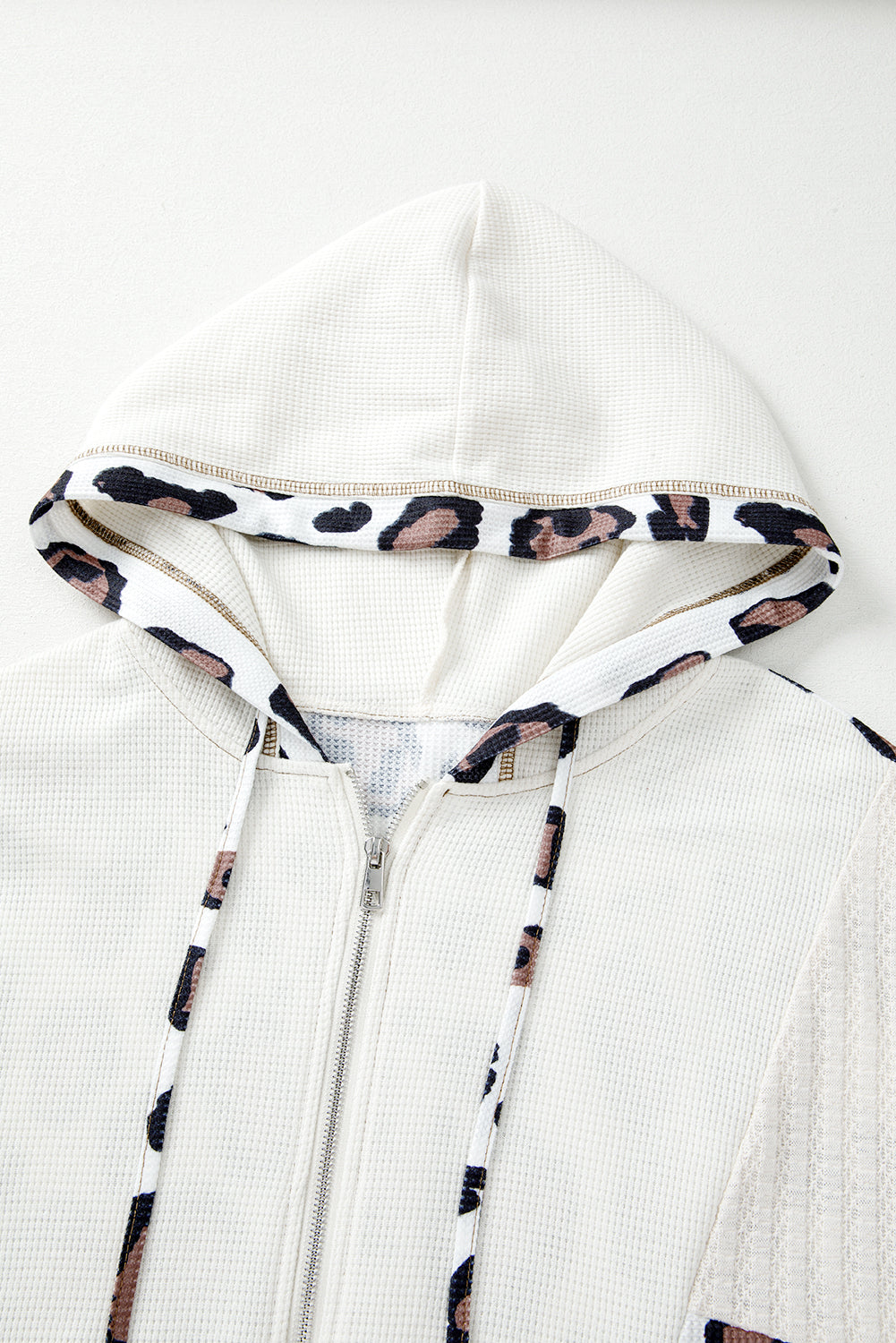 Apricot Oversized Leopard Contrast Mixed Texture Patchwork Zip Up Drop Shoulder Hoodie