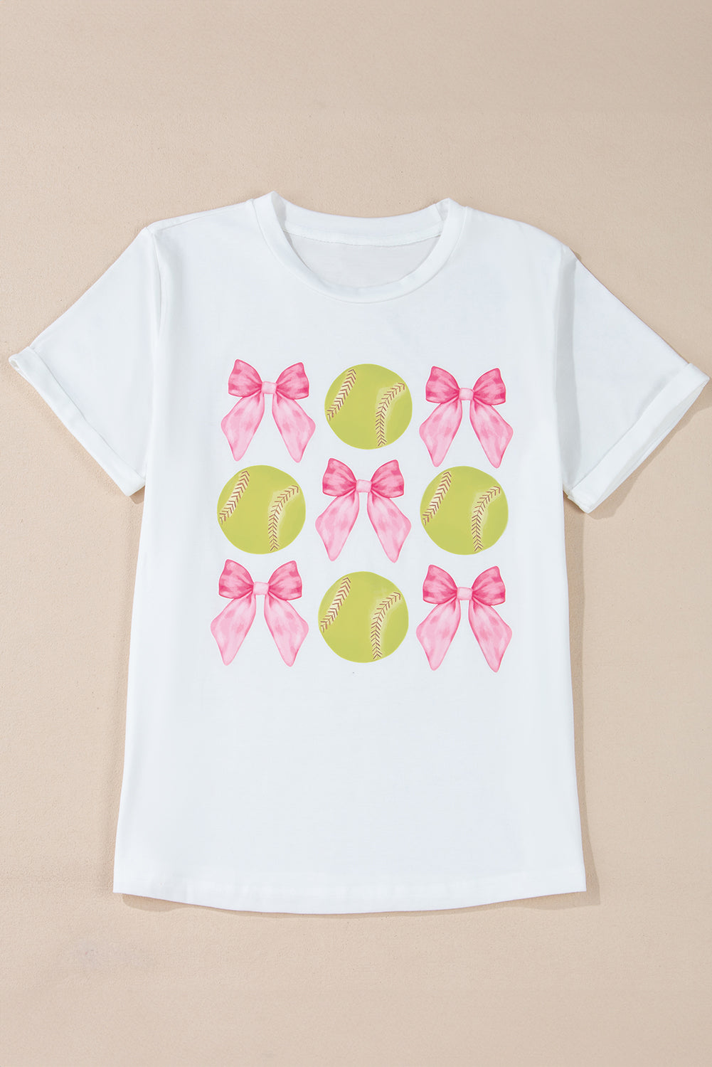 White Bow Tie Baseball Print Round Neck Casual Tee