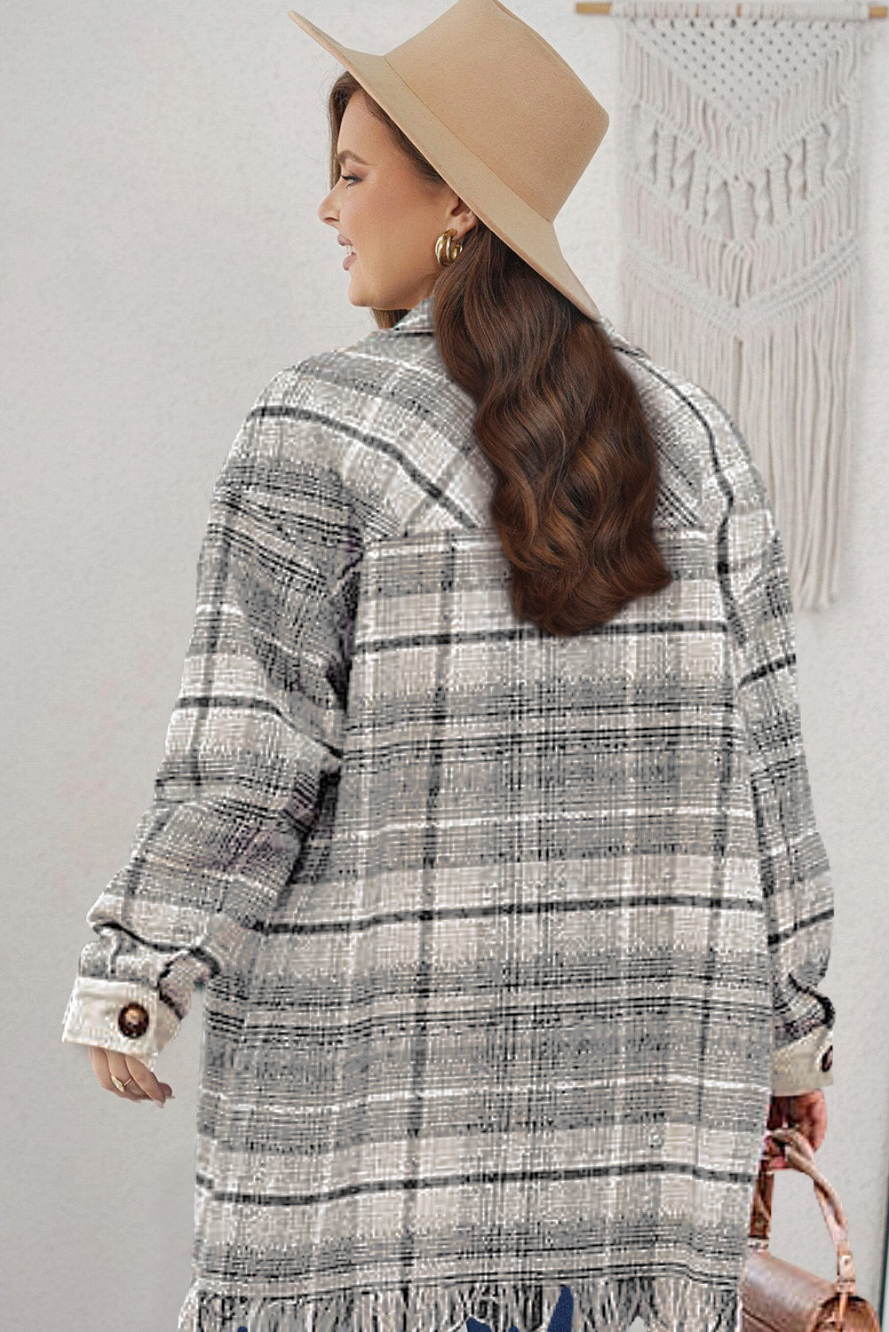 Gray Plus Size Macrame Plaid Coat