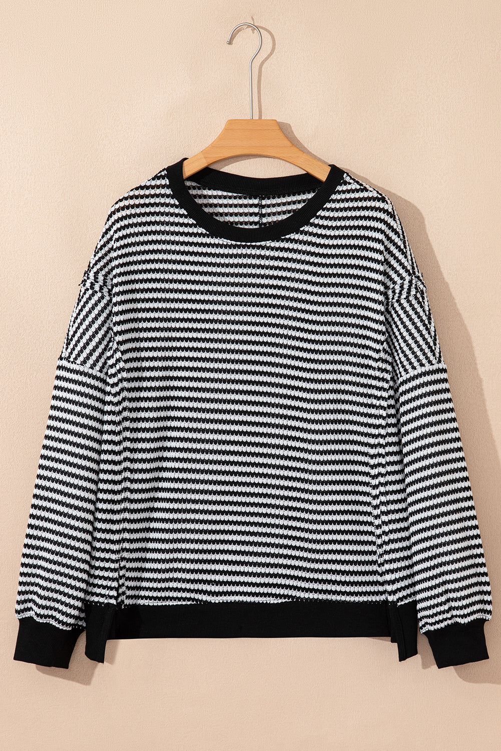 Red Stripe Ribbed Trim Drop Shoulder Long Sleeve Oversize Top