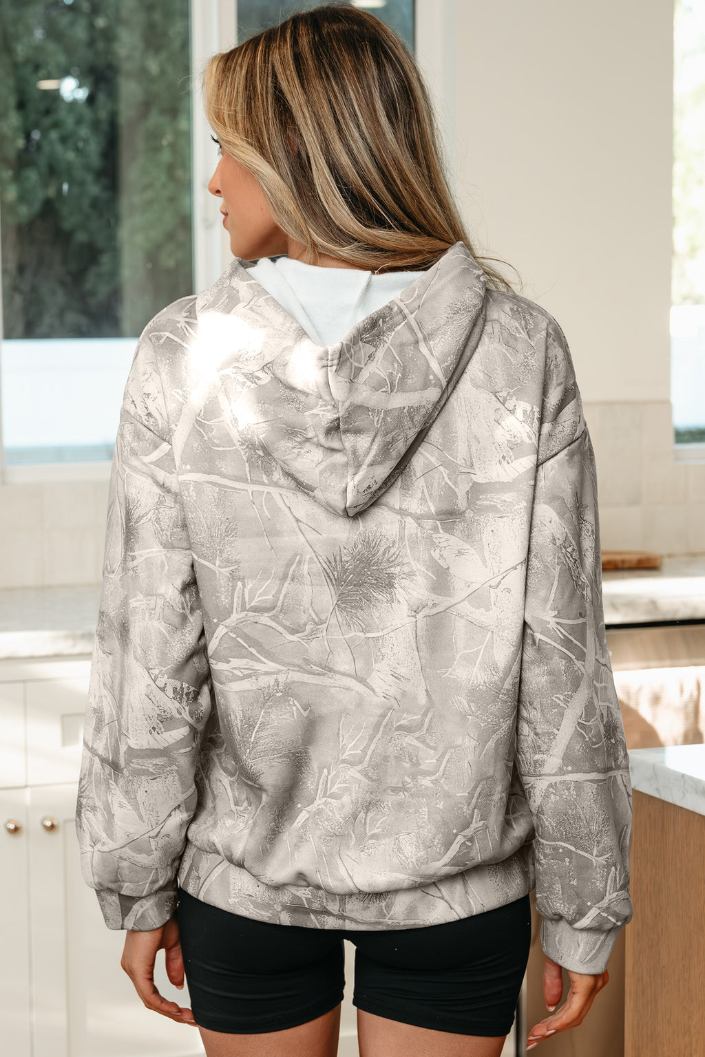 Gray Camouflage Woodland Print Oversized Sporty Hoodie