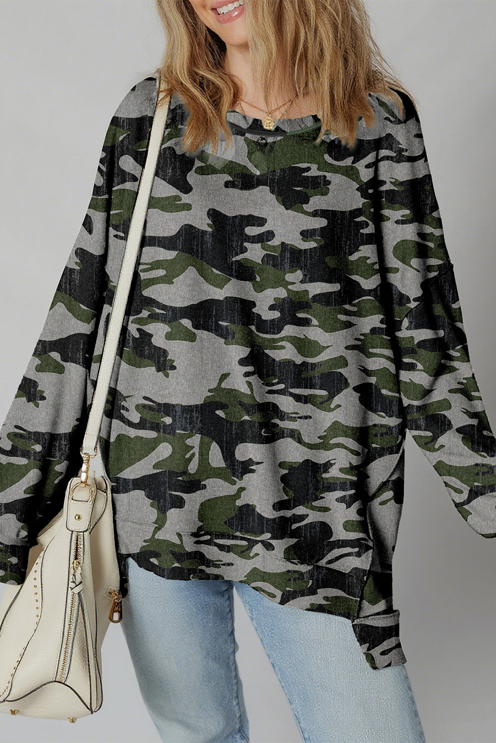 Dearlove Multicolour Retro Camouflage Print Exposed Seam Patchwork Drop Shoulder Sweatshirt