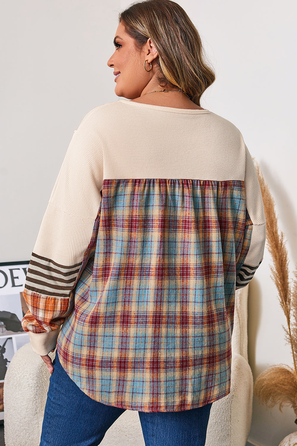 Parchment Plus Size Waffle Colorblock Striped Plaid Patchwork Half Button Pullover