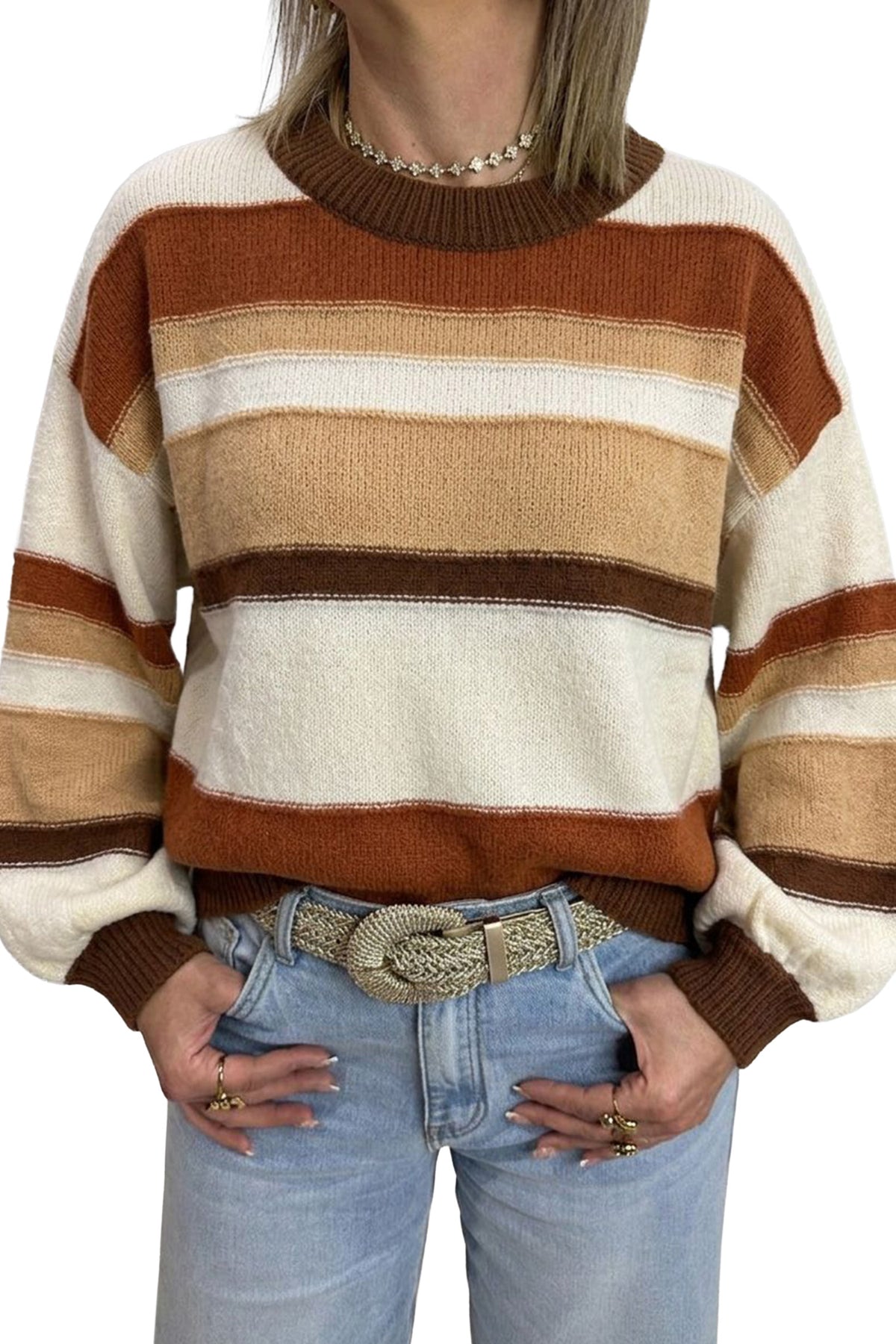 Multicolour Striped Crew Neck Long Sleeve Knit Sweater
