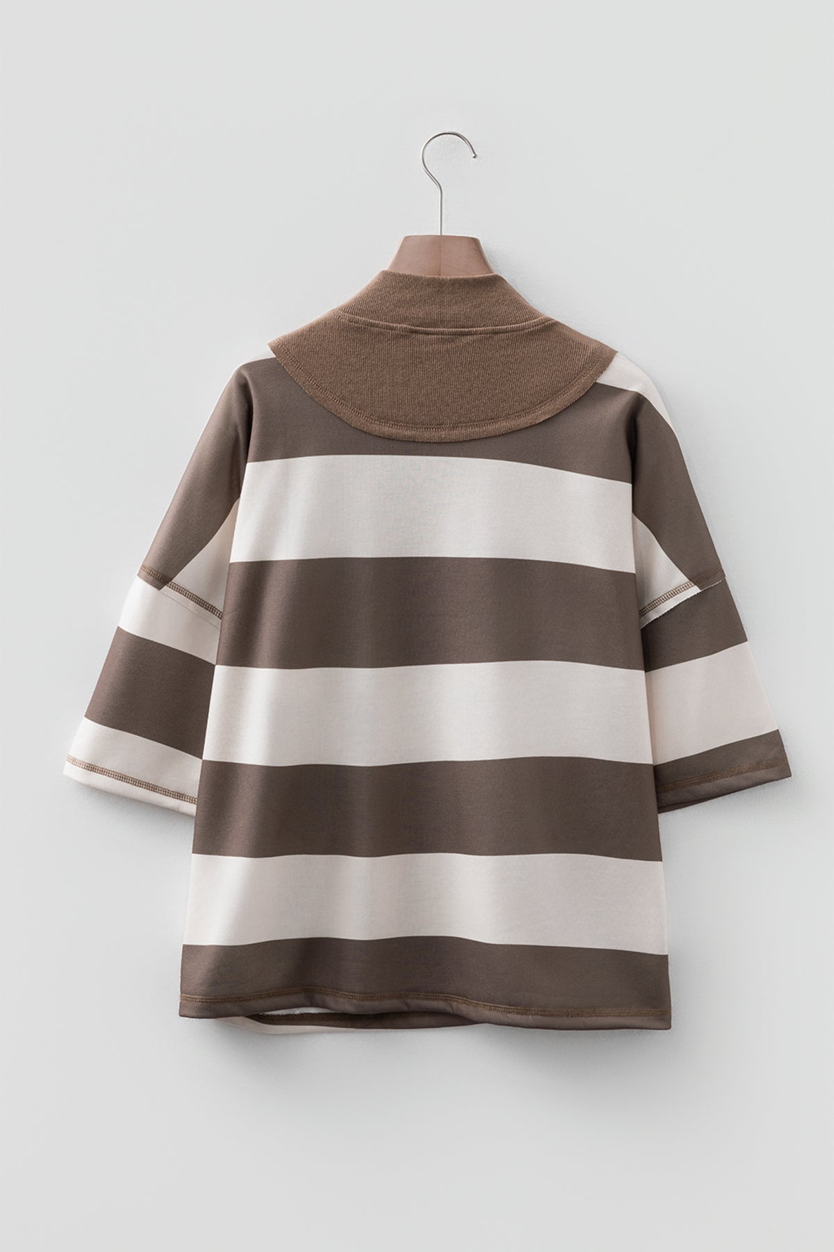 Brown Striped Color Block Zip Collar 3/4 Sleeve Oversize Sweatshirt