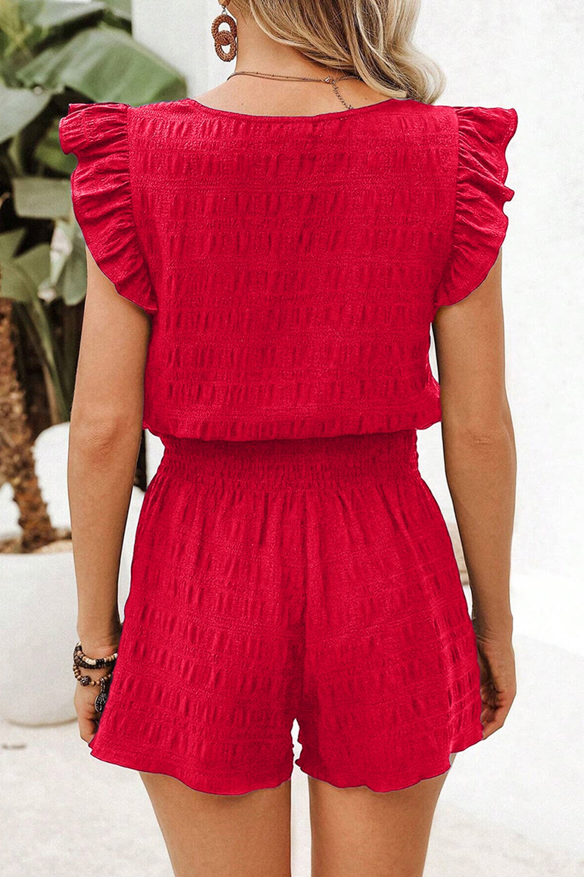 Dirty blue Textured Square Neck Top and Shirred High Waist Shorts Set