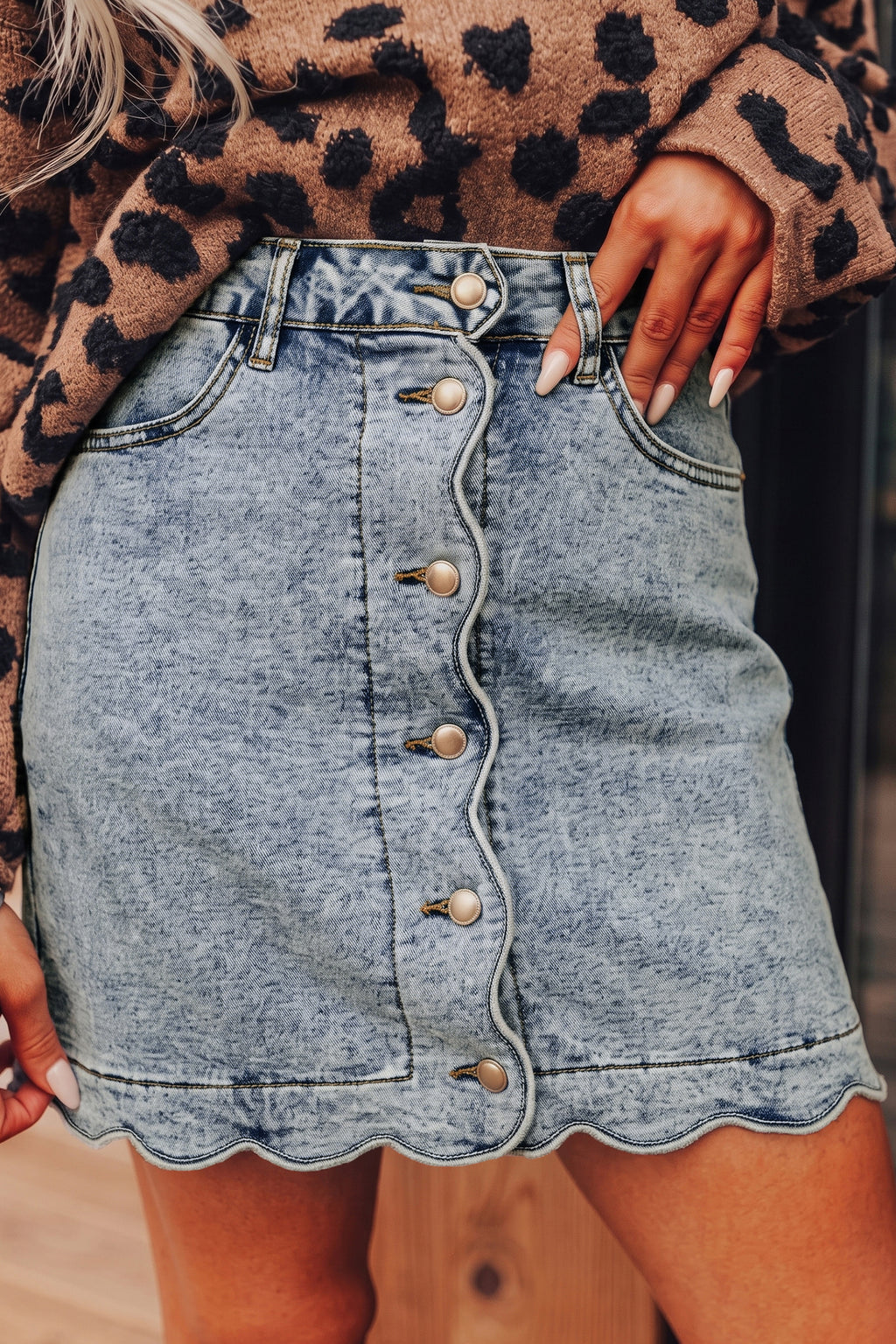 Myosotis Scalloped Detail Button Front Short Denim Skirt