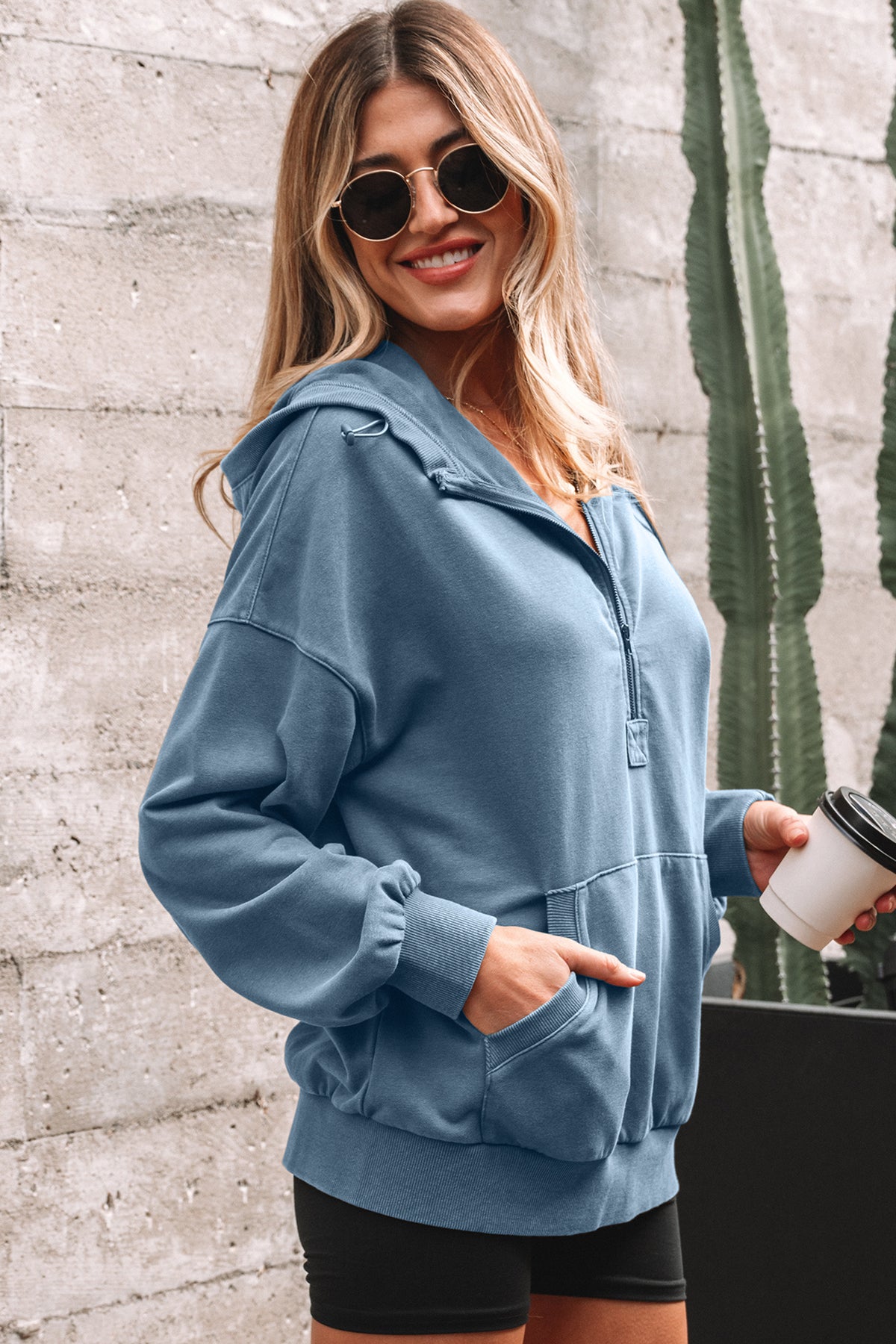 Wild Ginger Half Zip Kangaroo Pocket Mineral Wash Baggy Hoodie