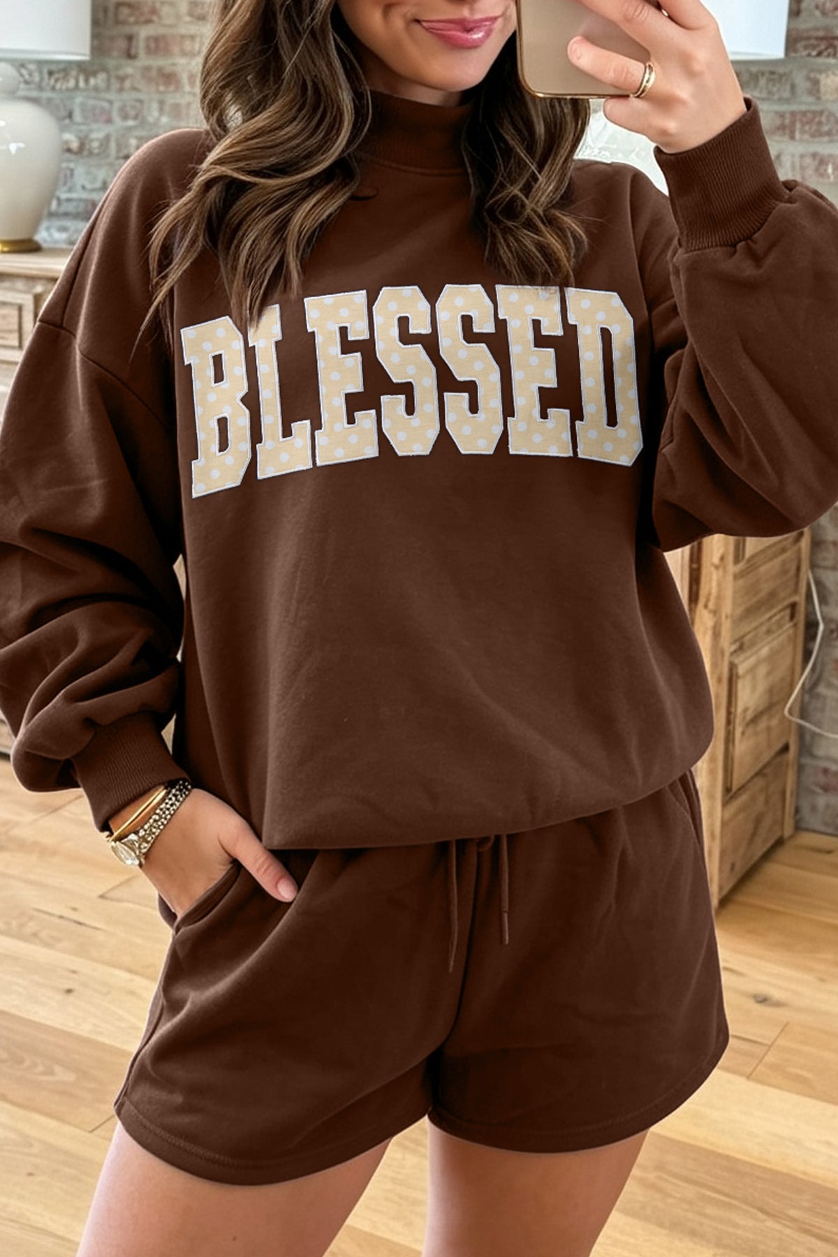 Coffee Christian Slogan Print Mock Neck Pullover and Shorts Set