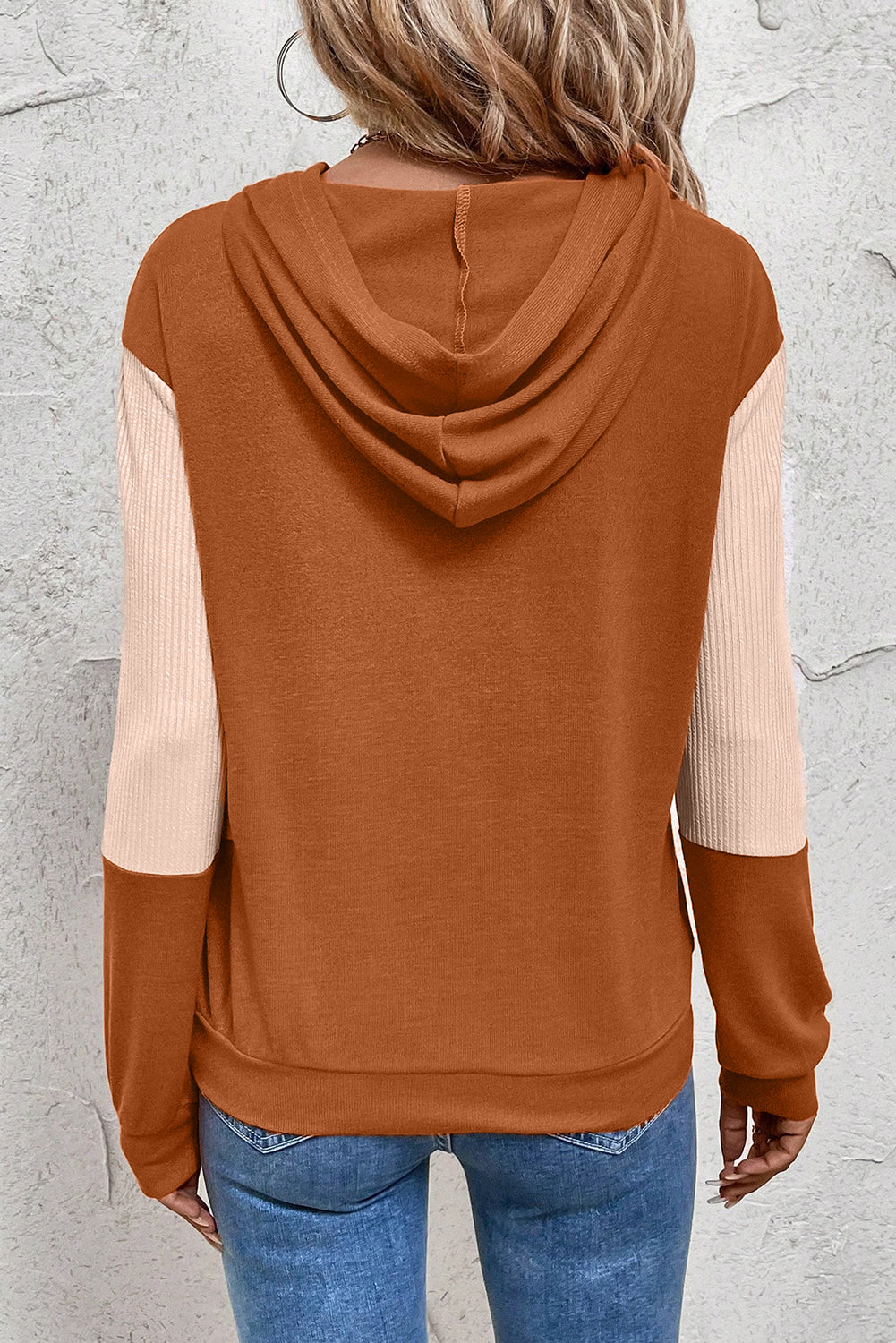 Gold Flame Contrast Color Ribbed Patchwork Crossed Pullover Neck Hoodie