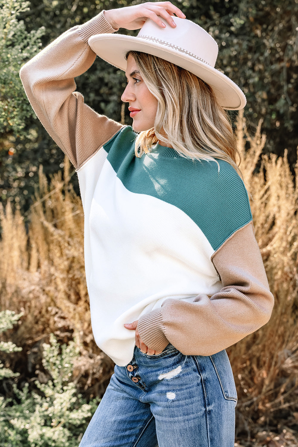 Green Color Block Plain Ribbed Knit Baggy Sweater